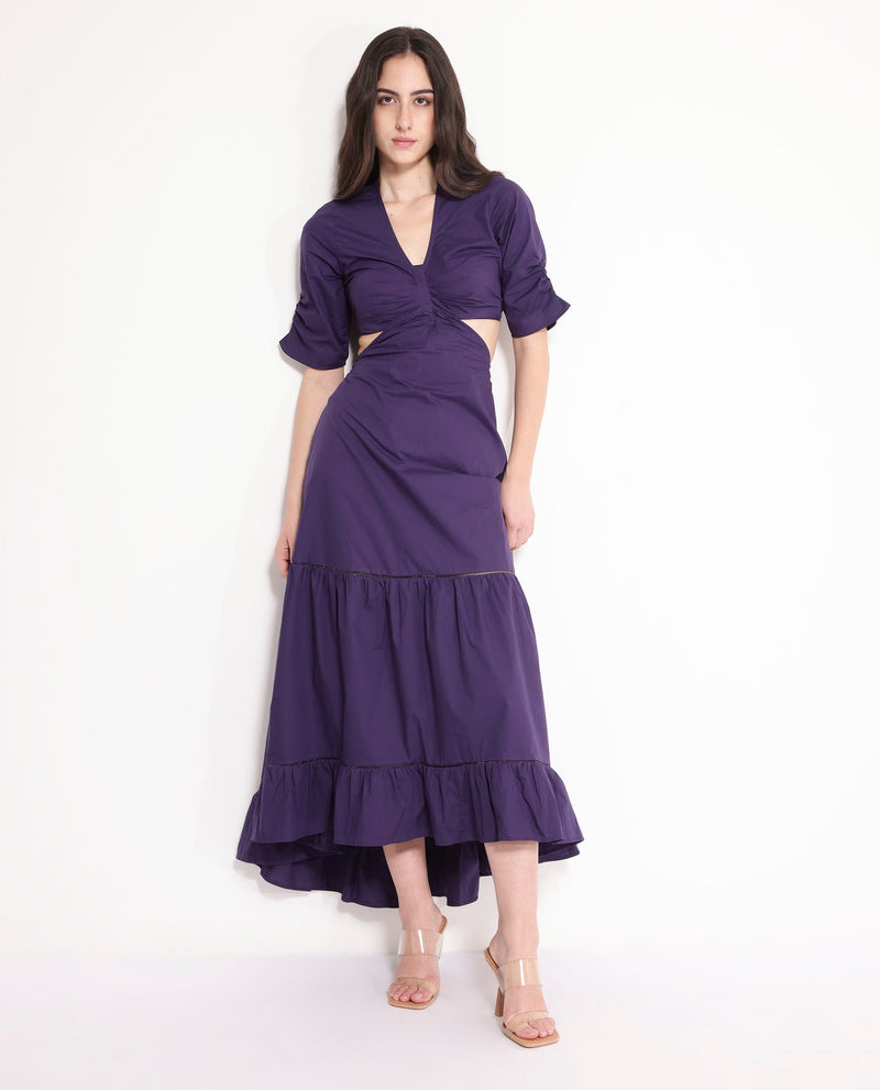 Rareism Women Lesman Dark Purple Puff Sleeves V-Neck Fit And Flare Maxi Plain Dress