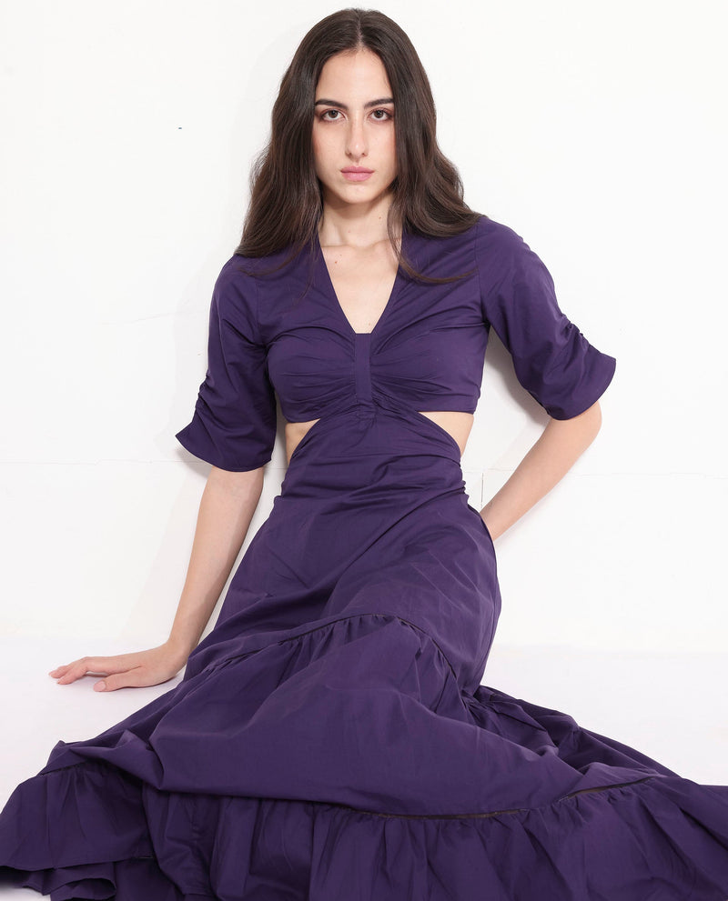 Rareism Women Lesman Dark Purple Puff Sleeves V-Neck Fit And Flare Maxi Plain Dress