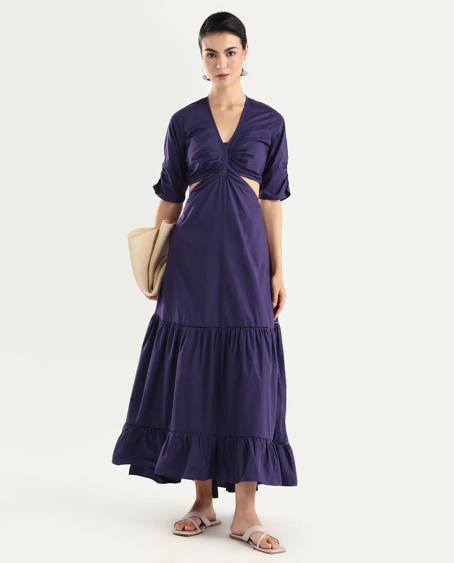 Rareism Women's Lesman Dark Purple Cotton V-Neck Plain Puff Sleeves Maxi Fit And Flare Dress