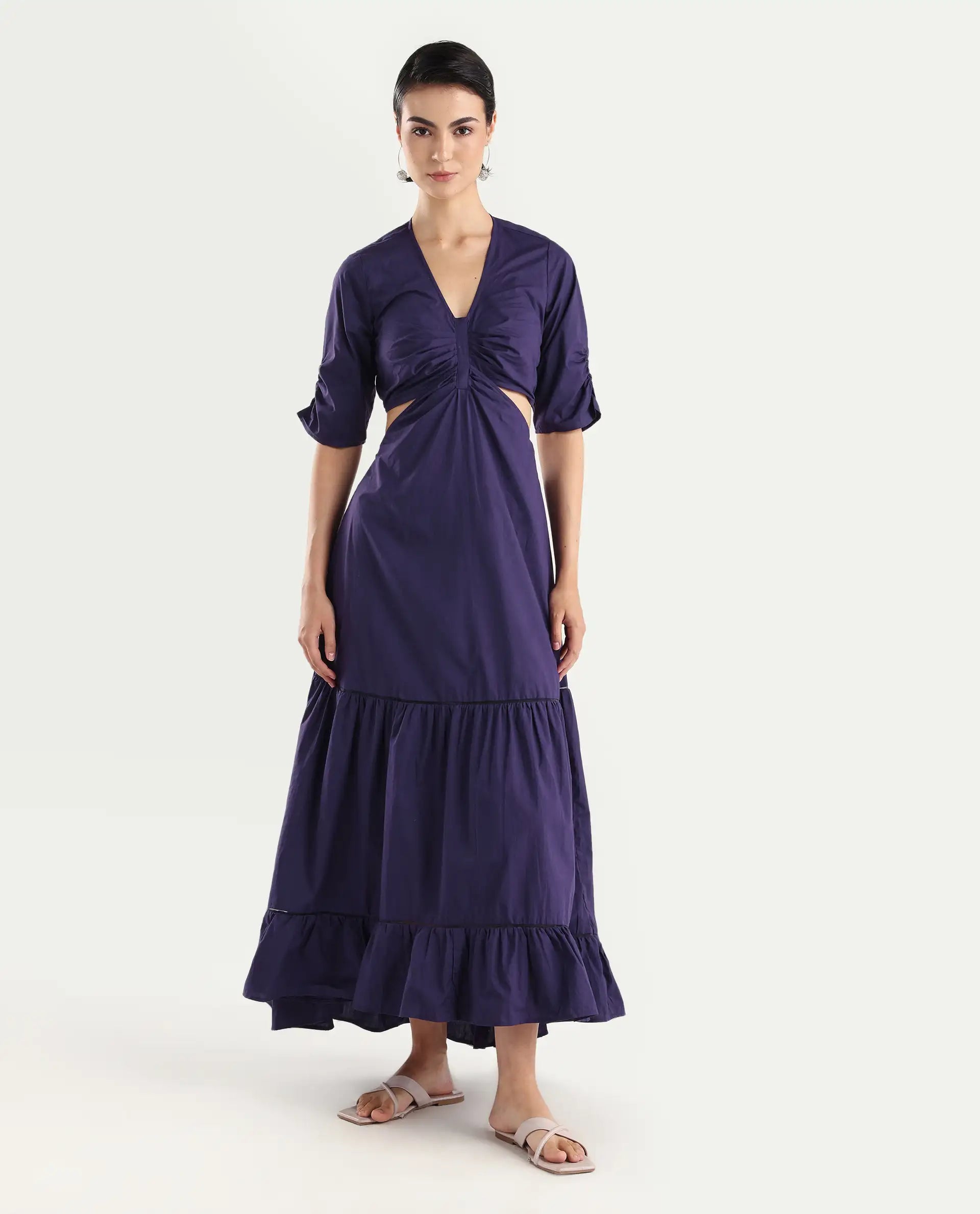 Rareism Women's Lesman Dark Purple Cotton V-Neck Plain Puff Sleeves Maxi Fit And Flare Dress