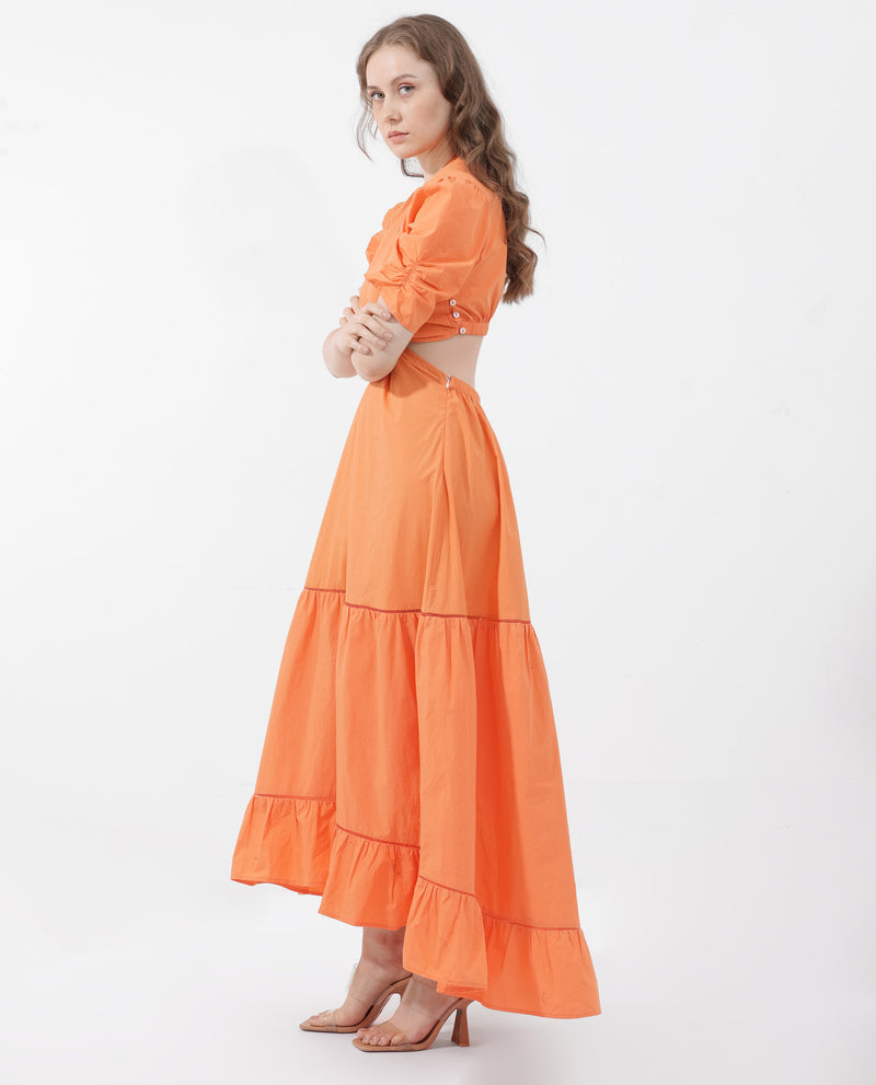 Rareism Women Lesman Orange Cotton Fabric Short Sleeve V-Neck Solid Longline Dress