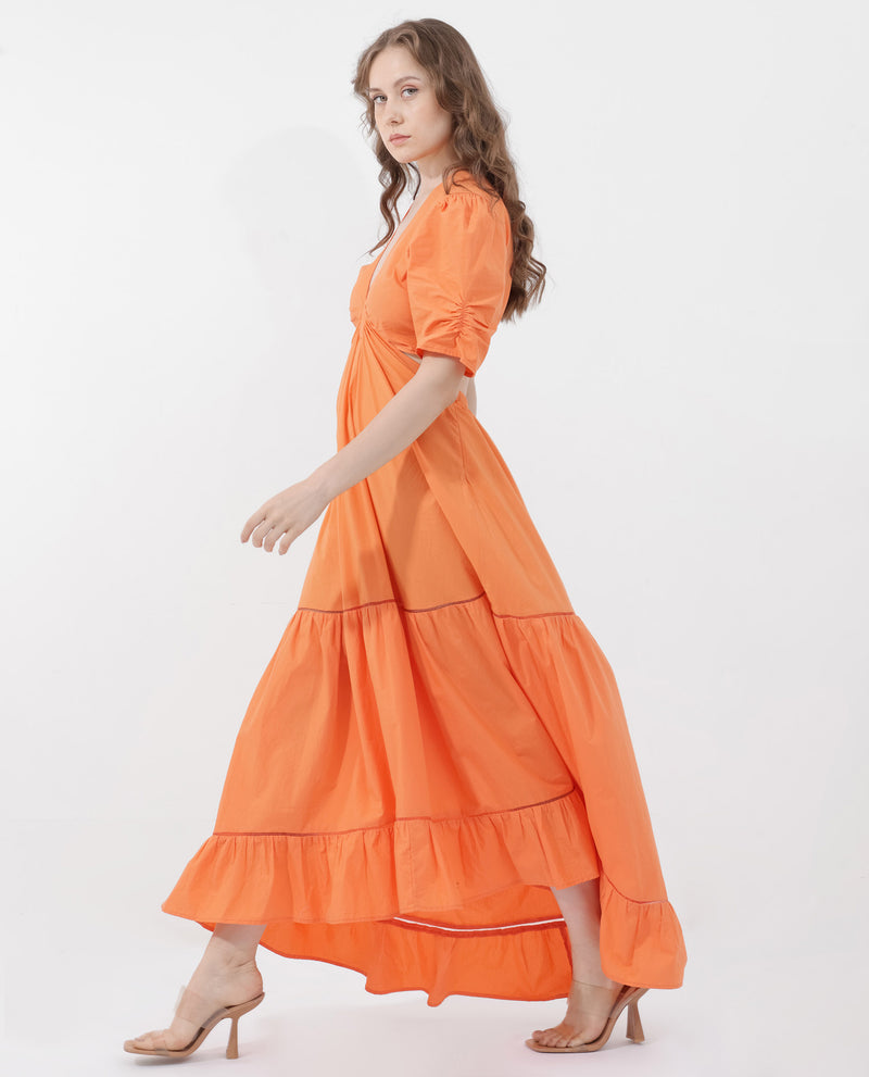 Rareism Women Lesman Orange Cotton Fabric Short Sleeve V-Neck Solid Longline Dress