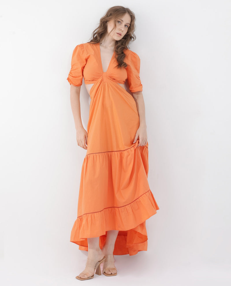 Rareism Women Lesman Orange Cotton Fabric Short Sleeve V-Neck Solid Longline Dress