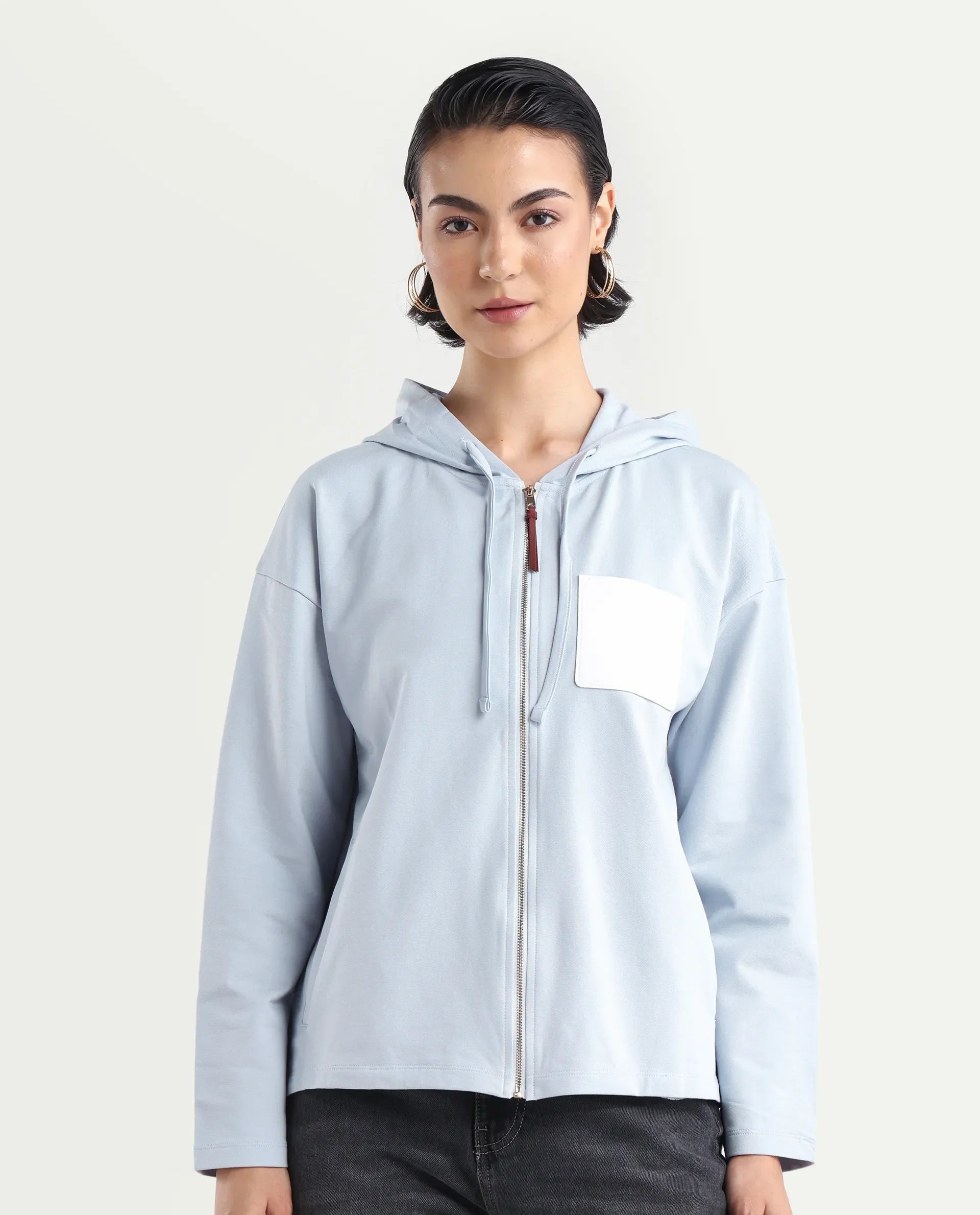 Rareism Women's Leth Light Blue Cotton Blend Hooded Plain Relaxed Fit Sweatshirt
