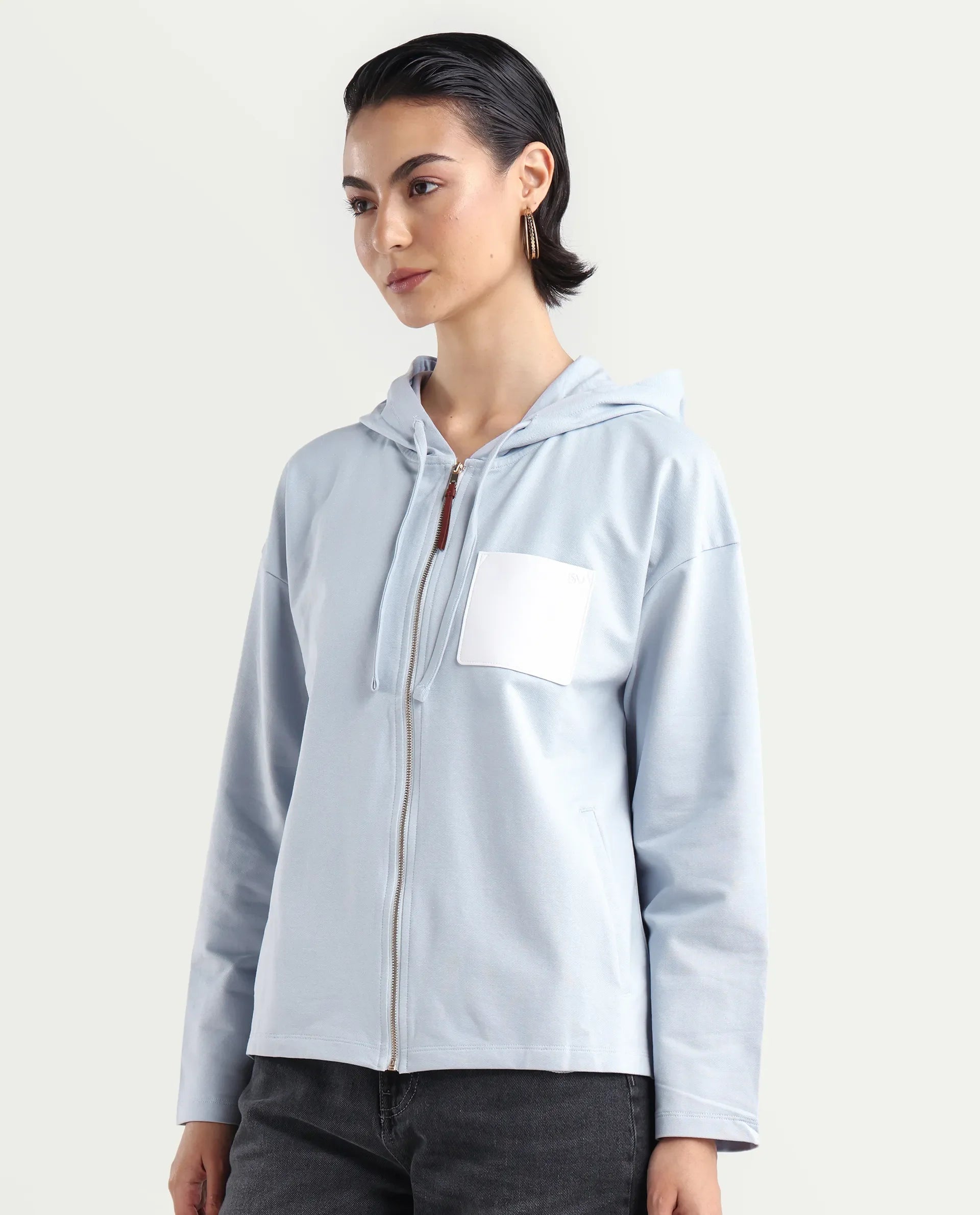 Rareism Women's Leth Light Blue Cotton Blend Hooded Plain Relaxed Fit Sweatshirt