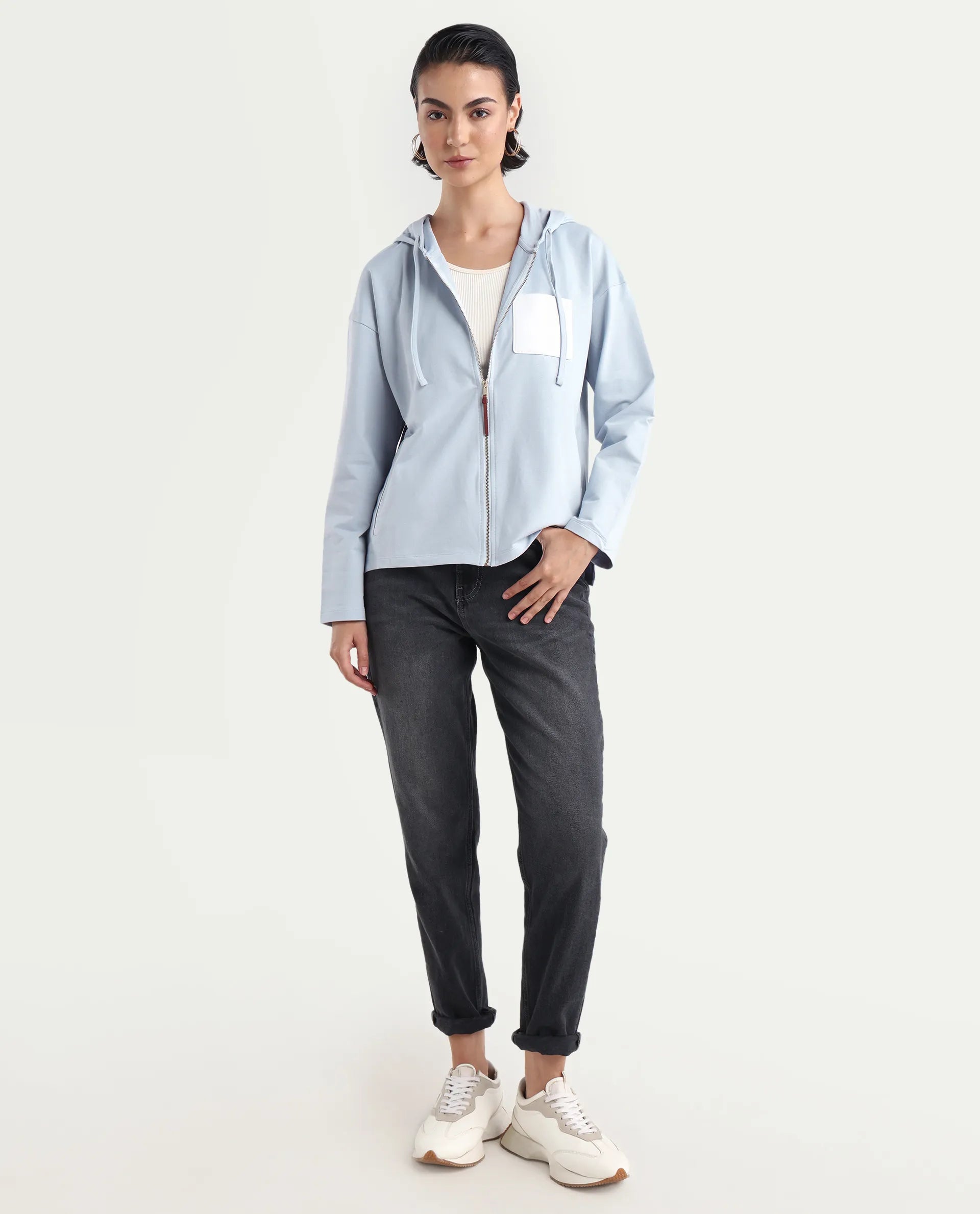 Rareism Women's Leth Light Blue Cotton Blend Hooded Plain Relaxed Fit Sweatshirt