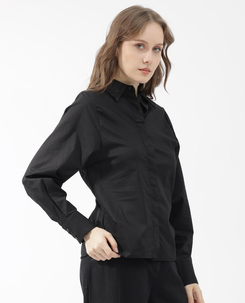 Rareism Womens Letizia Black Shirt Full Sleeve Hip Length Dyed