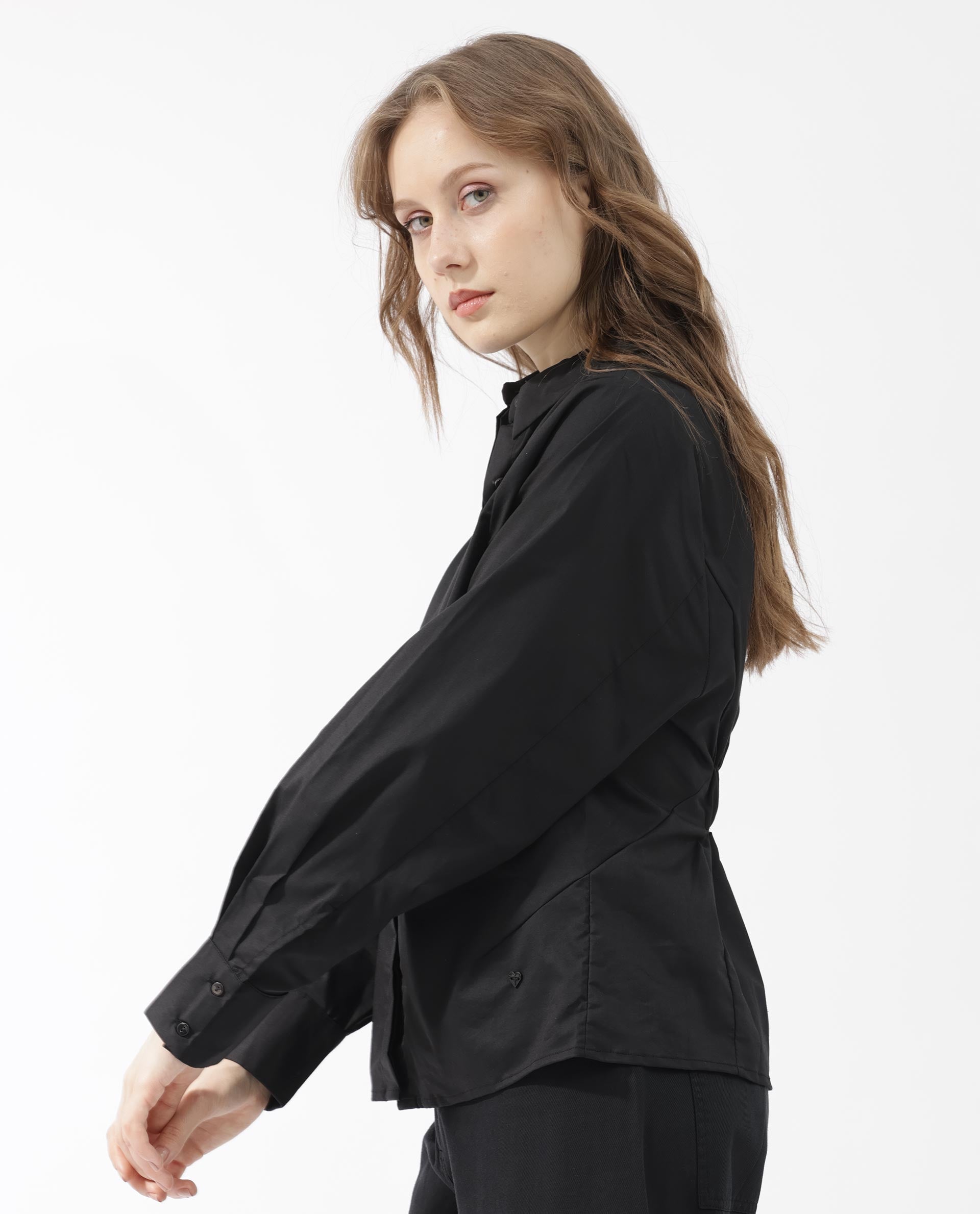 Rareism Women's Letizia Black Cotton Blend Spread Collar Plain Relaxed Fit Shirt