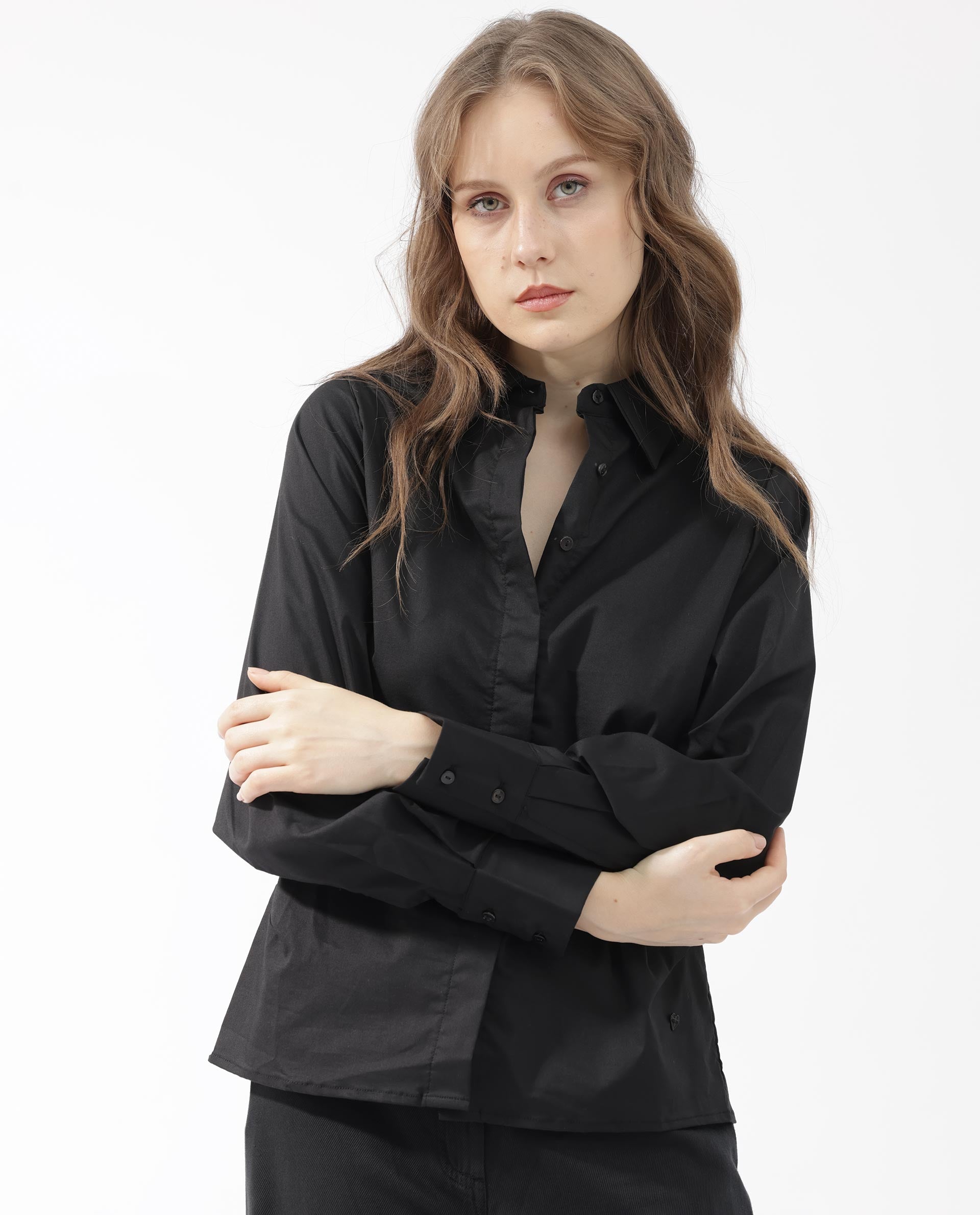 Rareism Women's Letizia Black Cotton Blend Spread Collar Plain Relaxed Fit Shirt