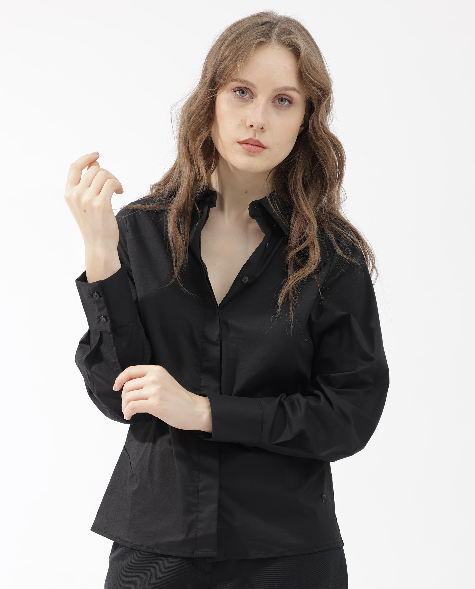 Rareism Women's Letizia Black Cotton Blend Spread Collar Plain Relaxed Fit Shirt