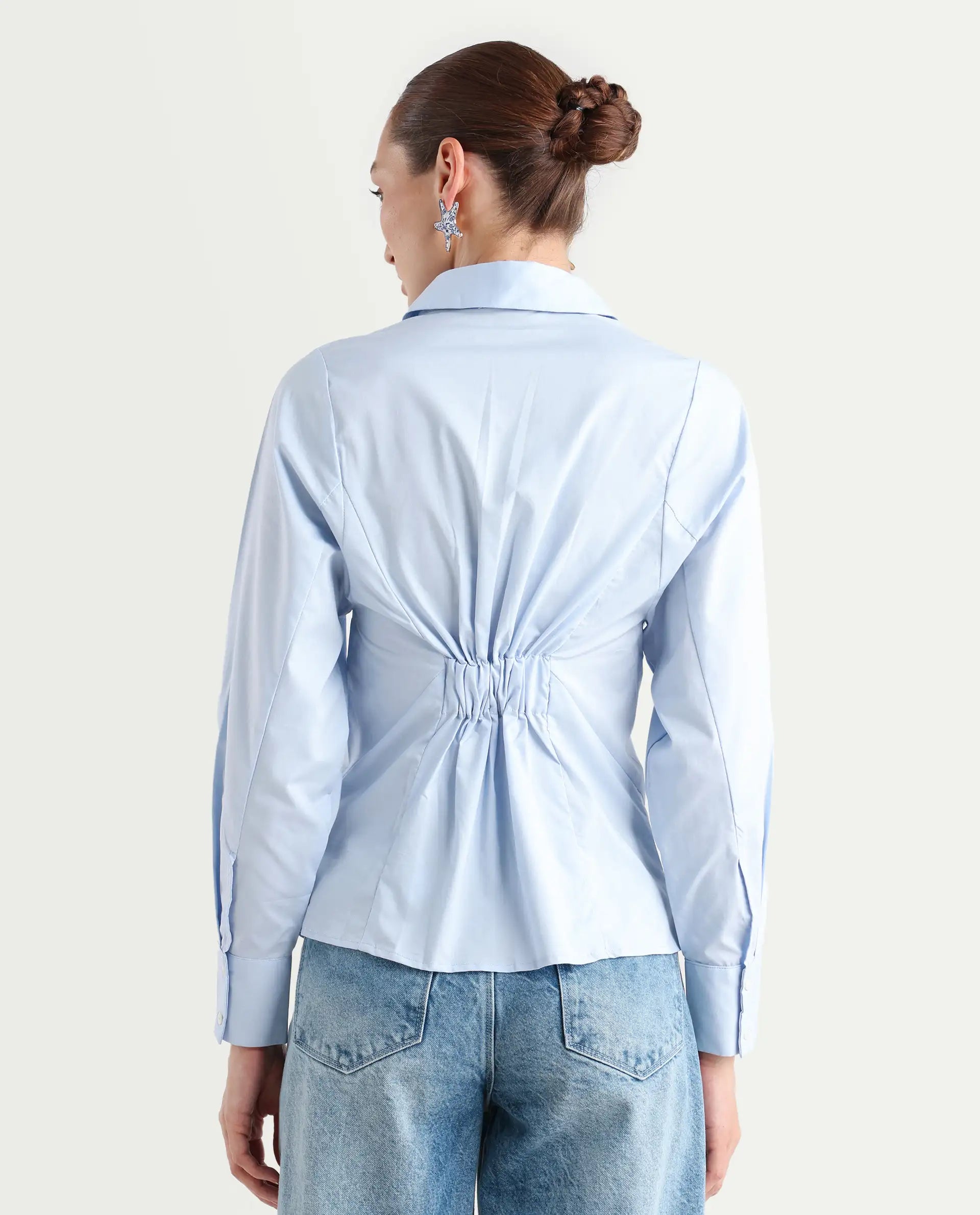 Rareism Women's Letizia Pastel Blue Cotton Blend Spread Collar Plain Relaxed Fit Shirt