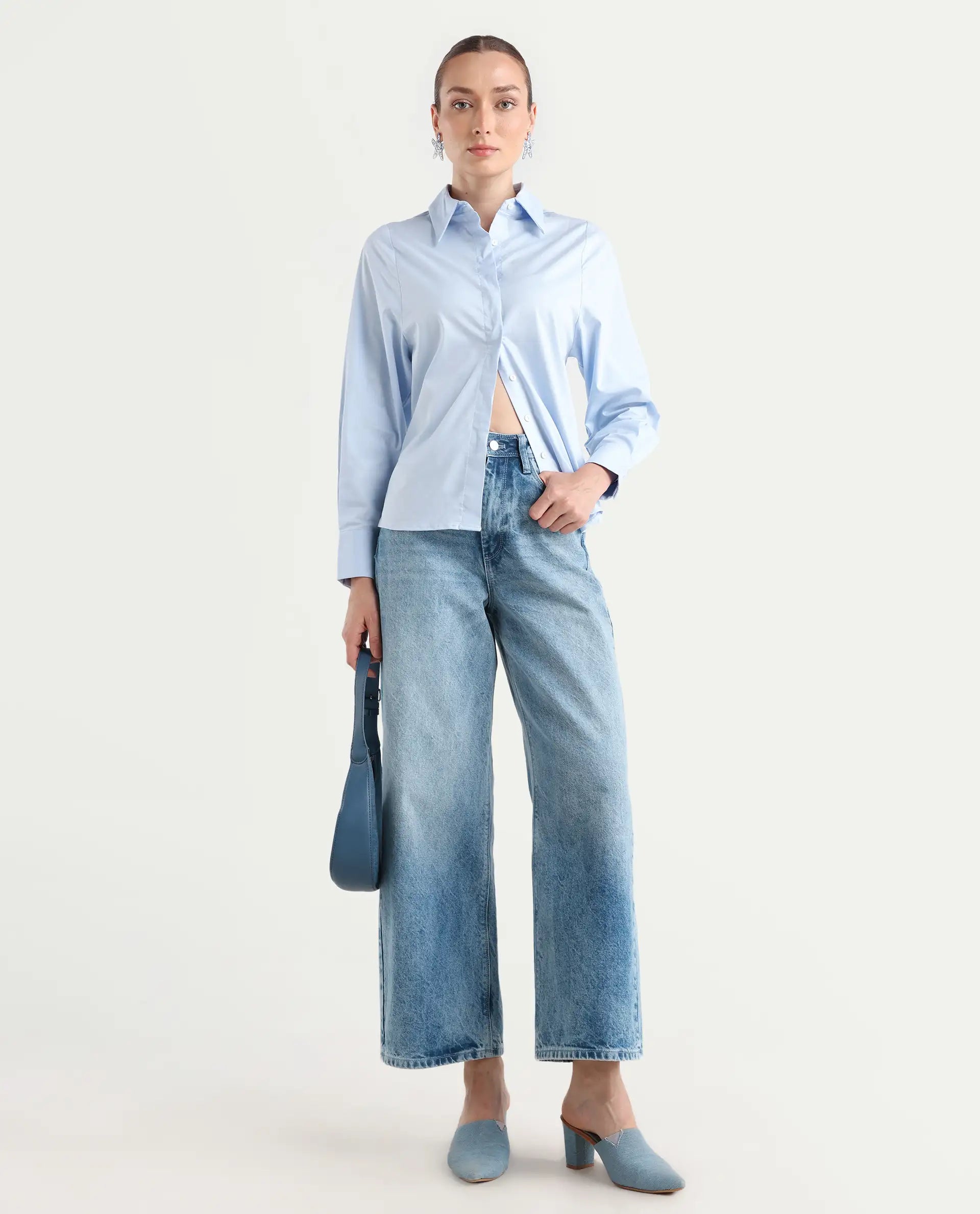 Rareism Women's Letizia Pastel Blue Cotton Blend Spread Collar Plain Relaxed Fit Shirt