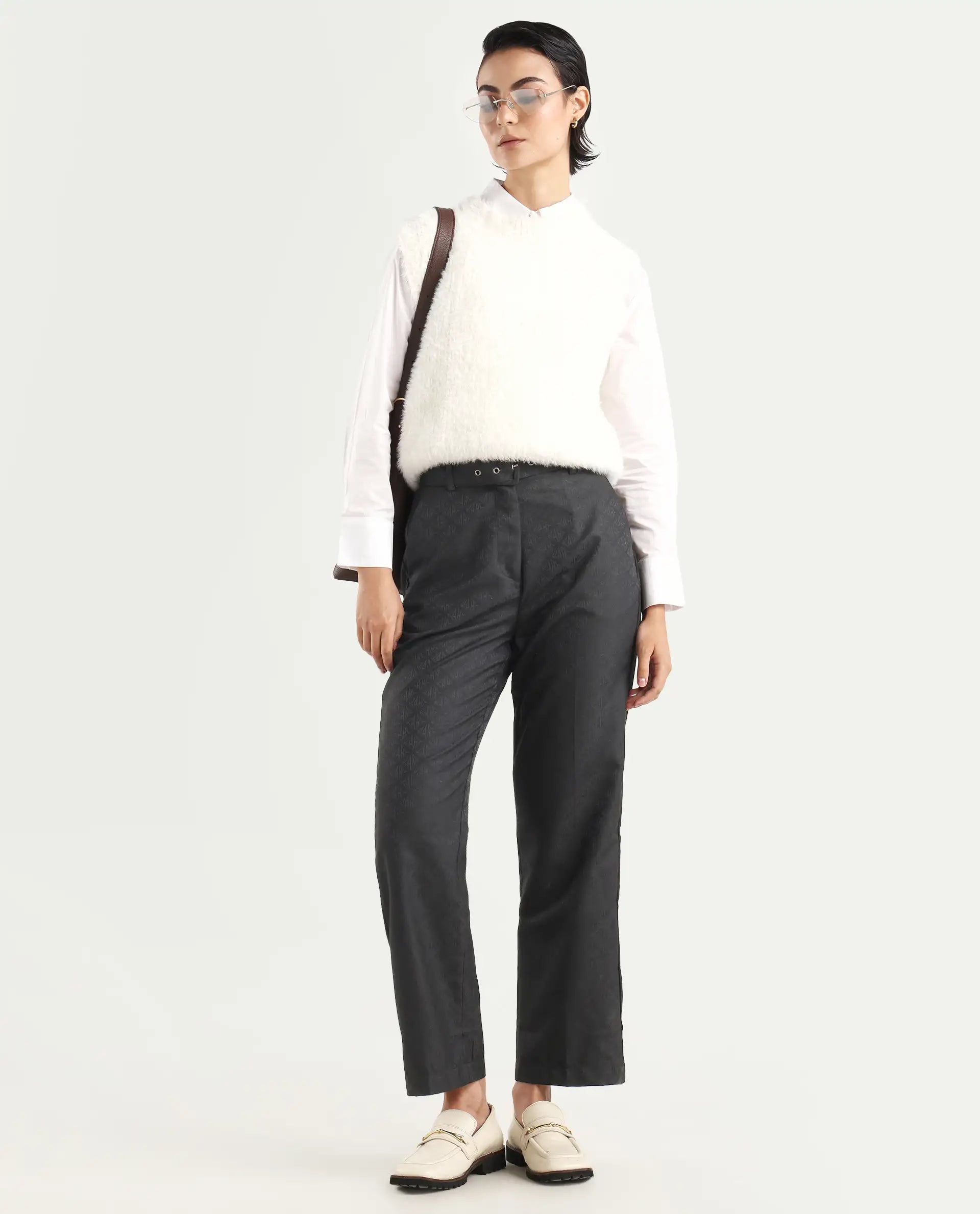 Rareism Women's Levels Black Polyester Plain Ankle Length Tapered Trouser