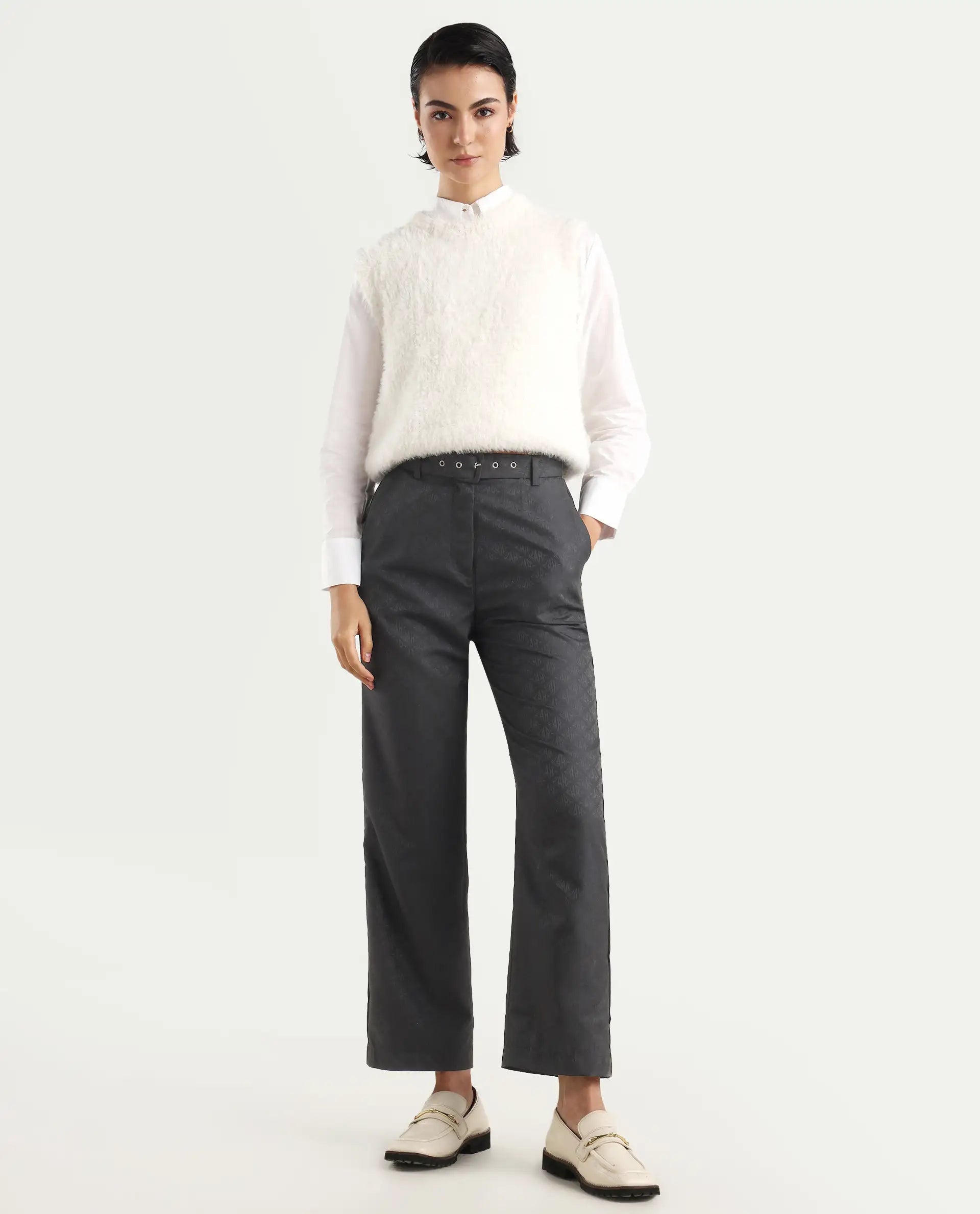 Rareism Women's Levels Black Polyester Plain Ankle Length Tapered Trouser