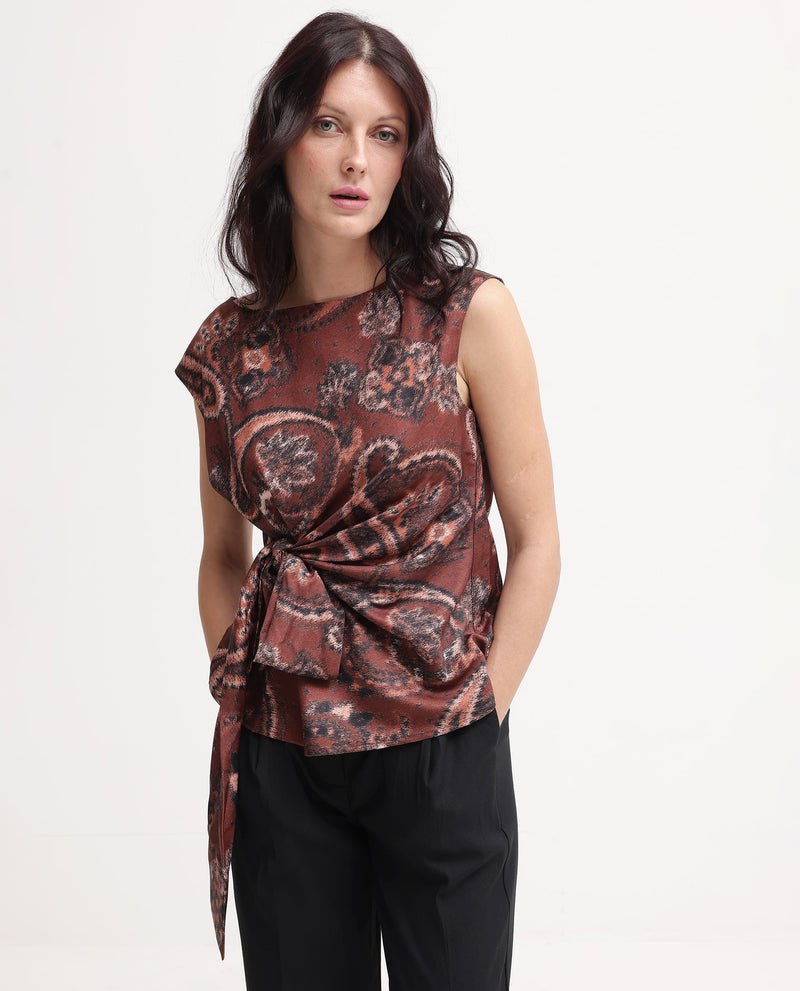 Rareism Women Levillet Brown Sleeveless Boat Neck Paisley Print Top