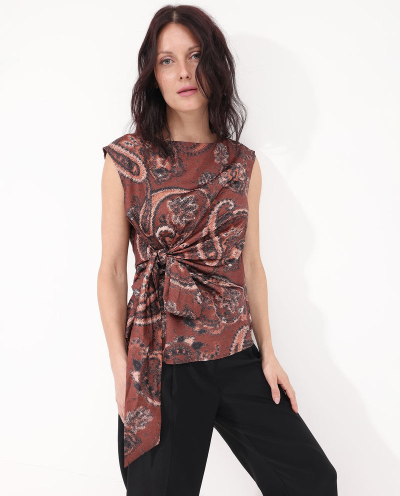 Rareism Women Levillet Brown Sleeveless Boat Neck Paisley Print Top