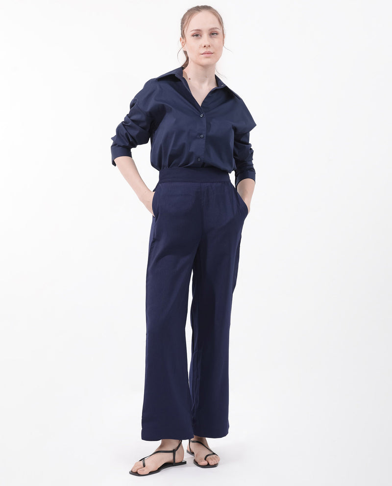 Rareism Women Leville-B Dark Blue Polyester Fabric Regular Length Trouser