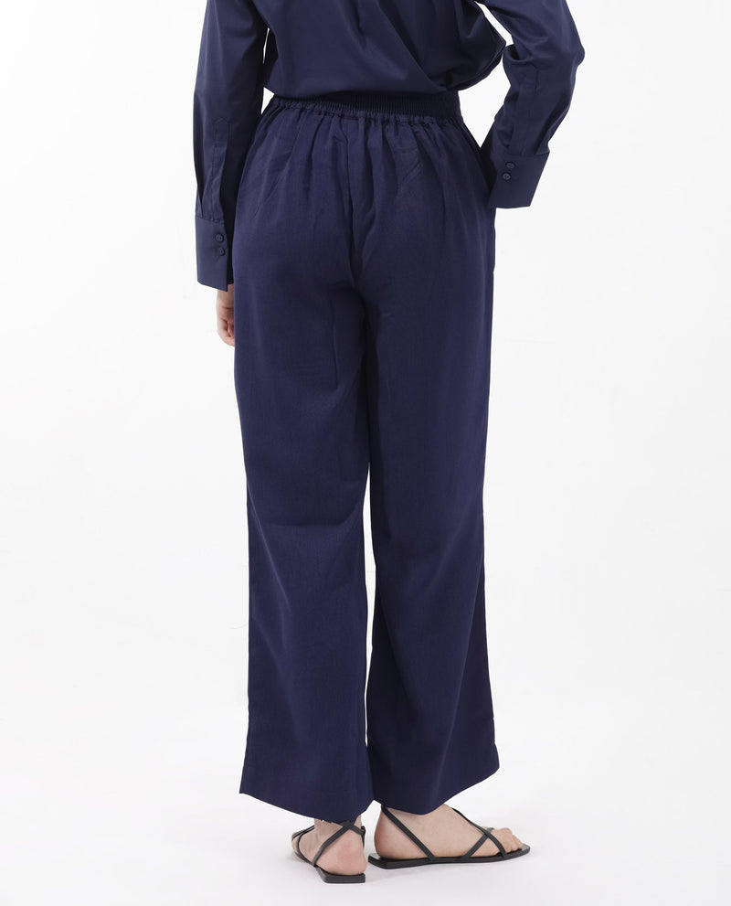 Rareism Women Leville-B Dark Blue Polyester Fabric Regular Length Trouser