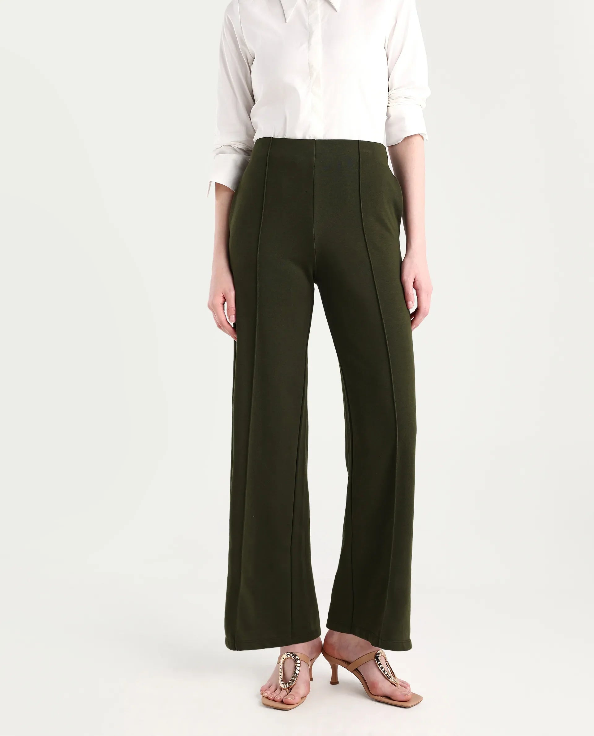 Rareism Women's Lexi Dark Olive Cotton Blend Straight Fit Track Pant