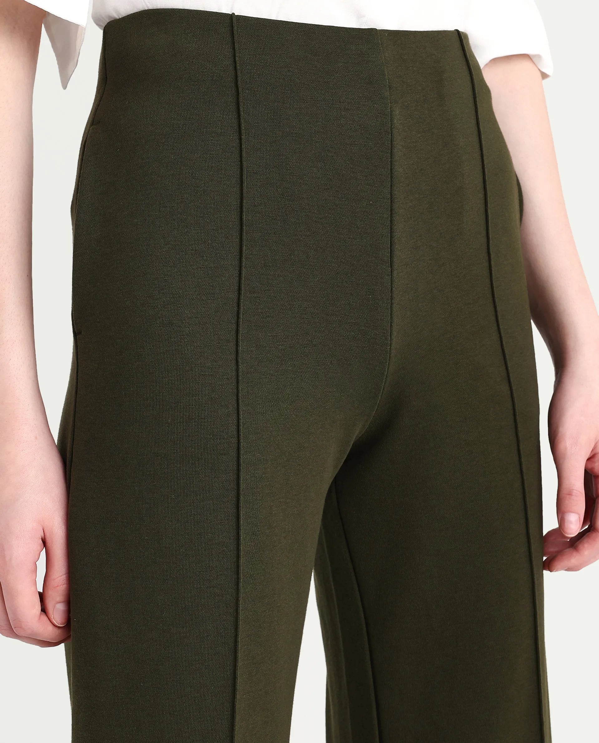 Rareism Women's Lexi Dark Olive Cotton Blend Straight Fit Track Pant