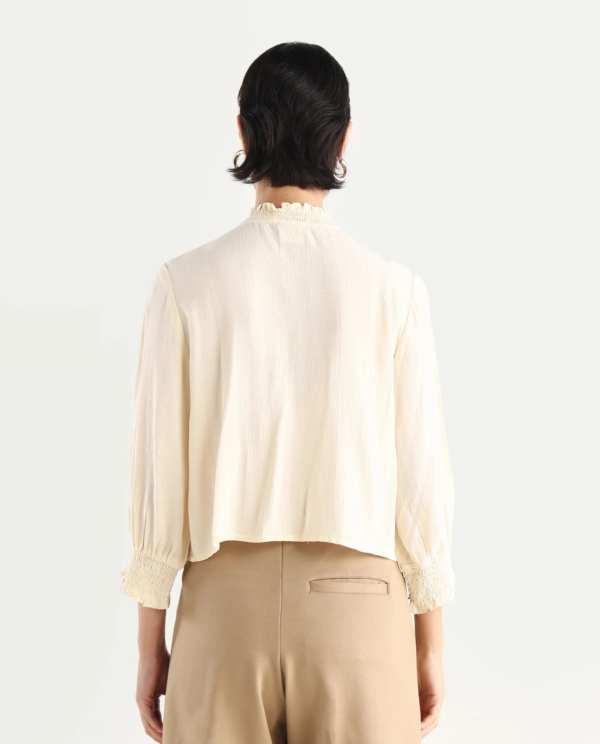 Rareism Women's Licel Off White Rayon Mandarin Collar Plain Regular Fit Top