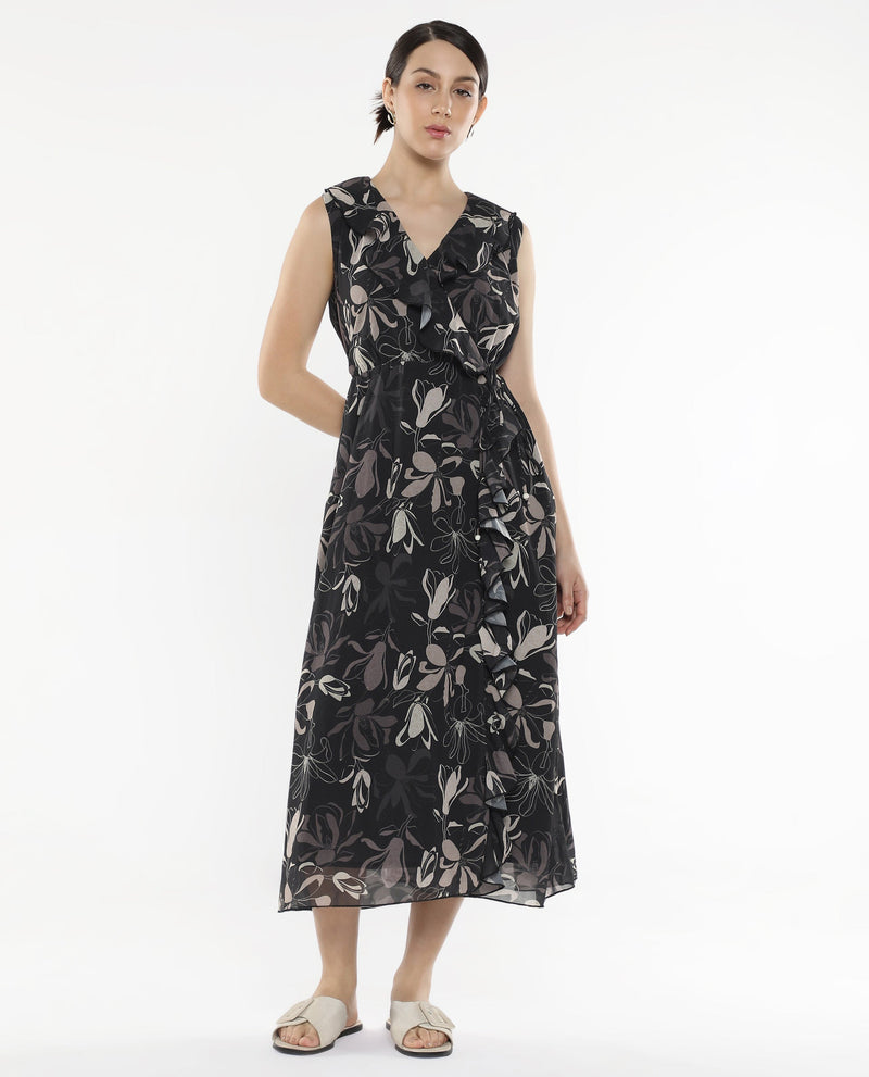 Rareism Women Licia Black Sleeveless Over Lap Neck Loop A-Line Floral Print Maxi Dress