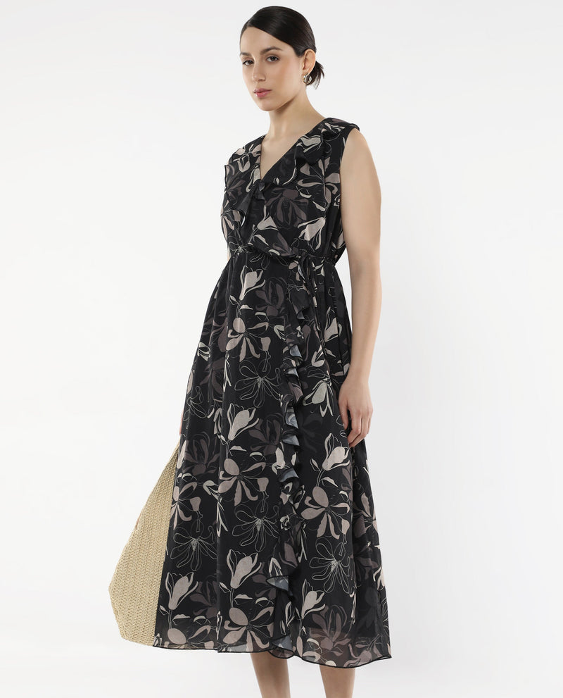 Rareism Women Licia Black Sleeveless Over Lap Neck Loop A-Line Floral Print Maxi Dress