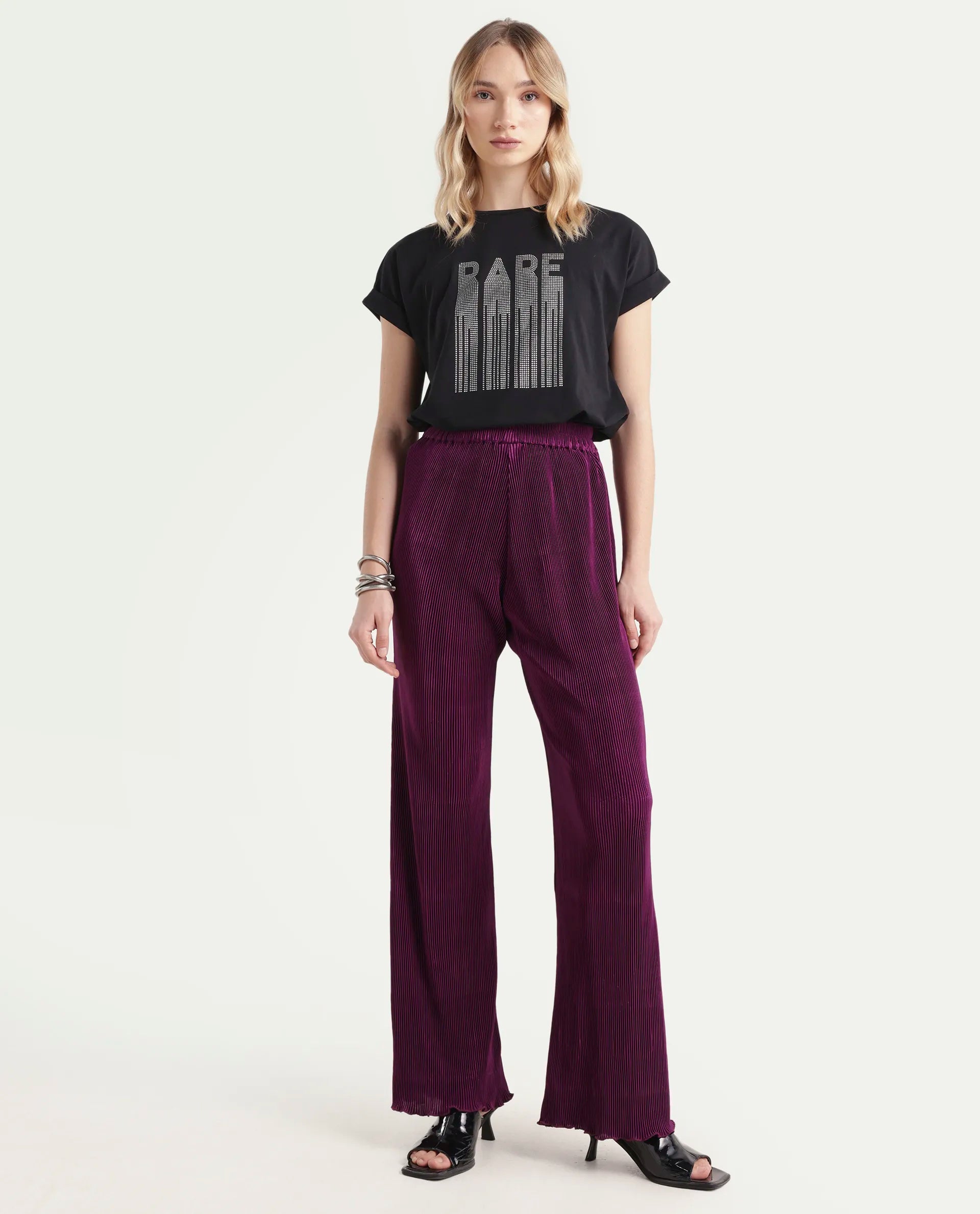 Rareism Women's Licyle Maroon Polyester Plain Ankle Length Regular Fit Trouser