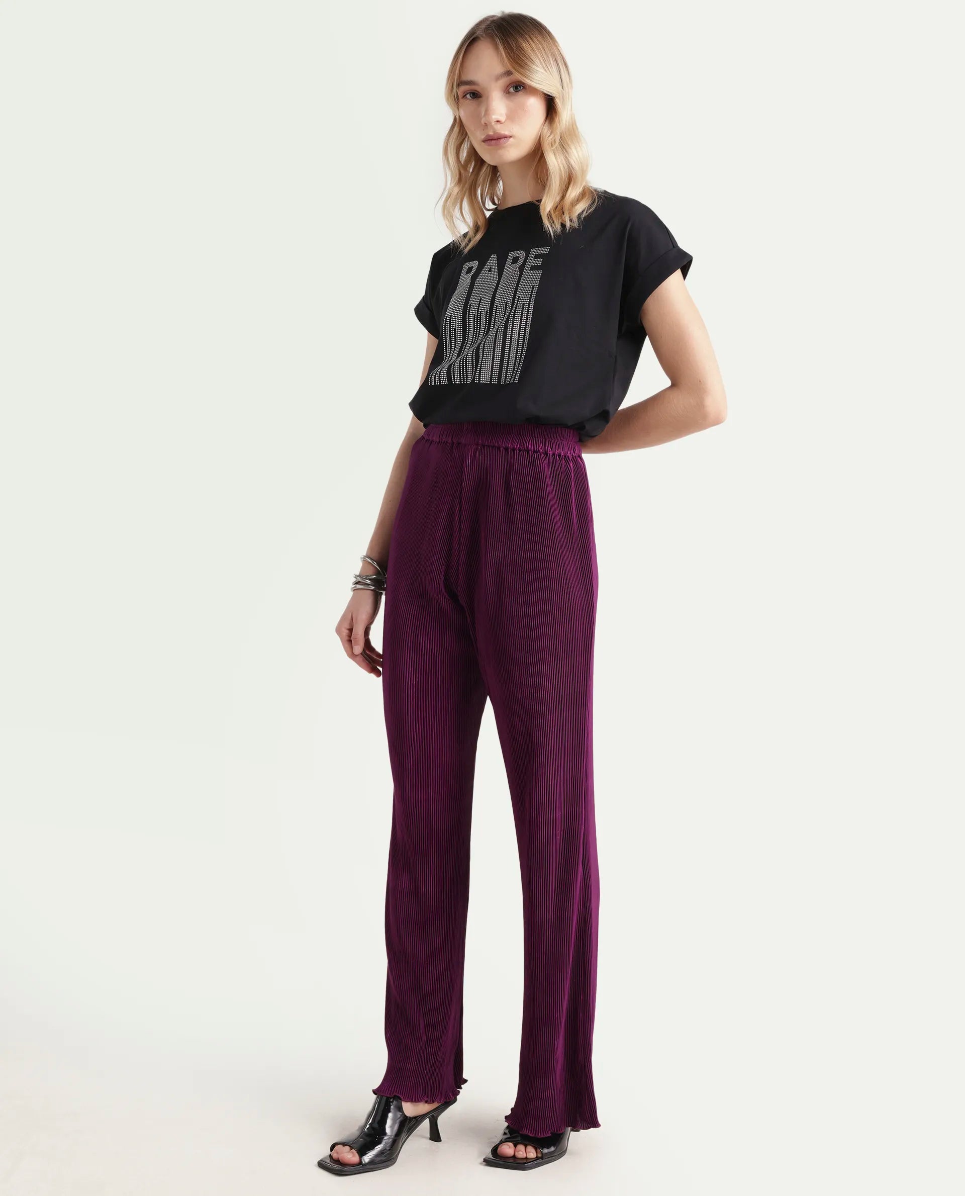 Rareism Women's Licyle Maroon Polyester Plain Ankle Length Regular Fit Trouser