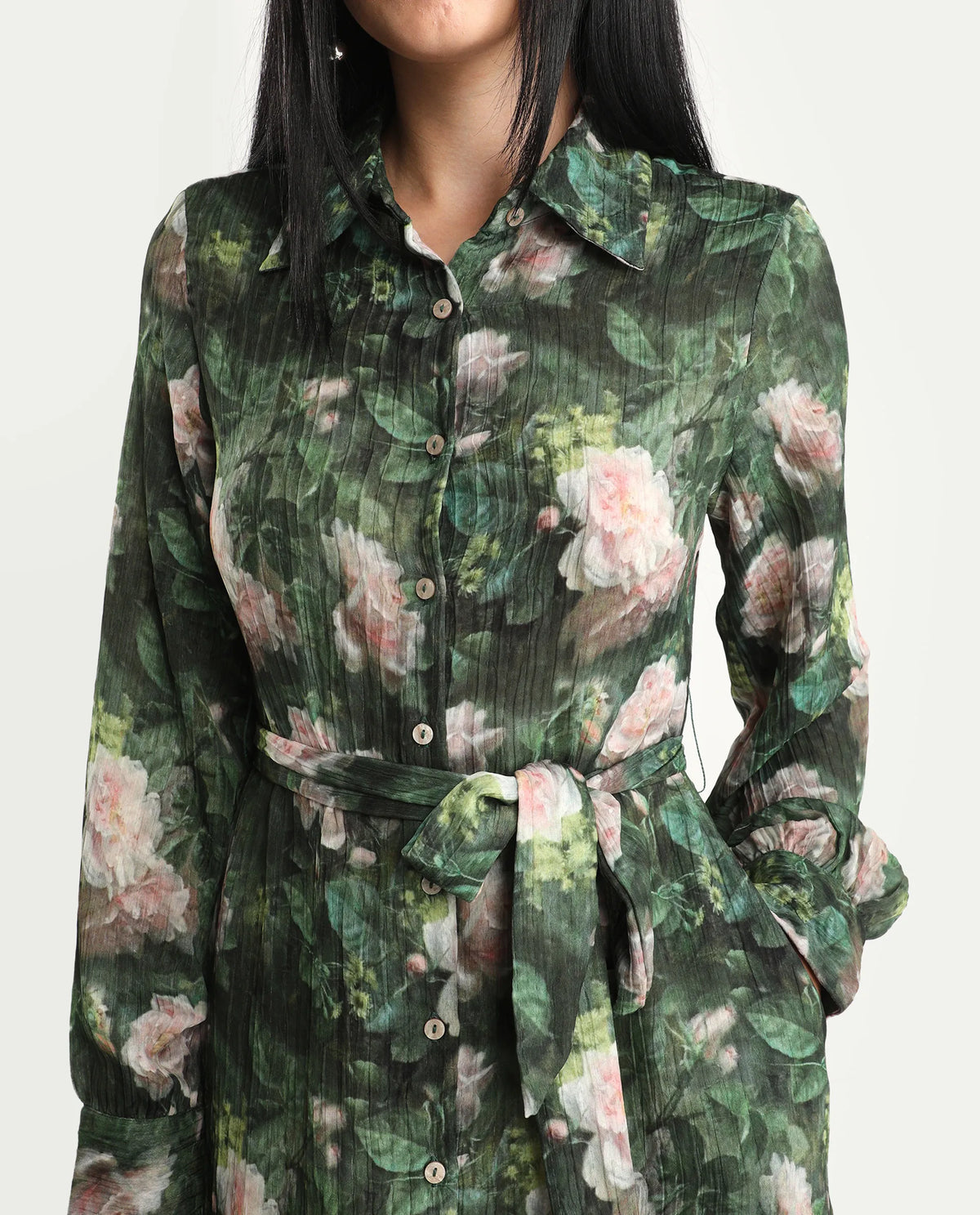 Rareism Women's Lika Dark Green Polyester Tie-Up Neck Floral Print Bishop Sleeve Midi Flared Dress
