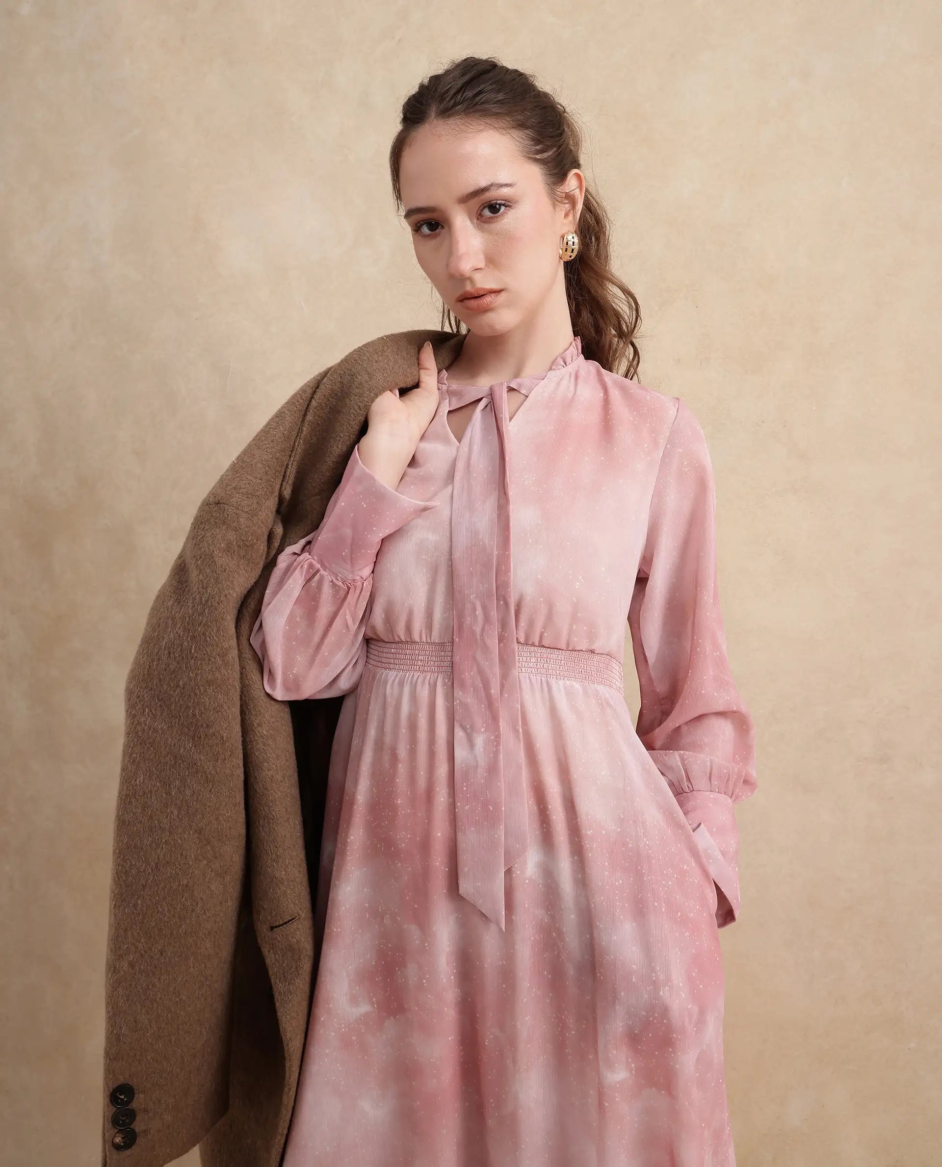 Rareism Women's Likp Pink Polyester Sweetheart Neck Abstract Print Bishop Sleeve Midi Fit And Flare Dress