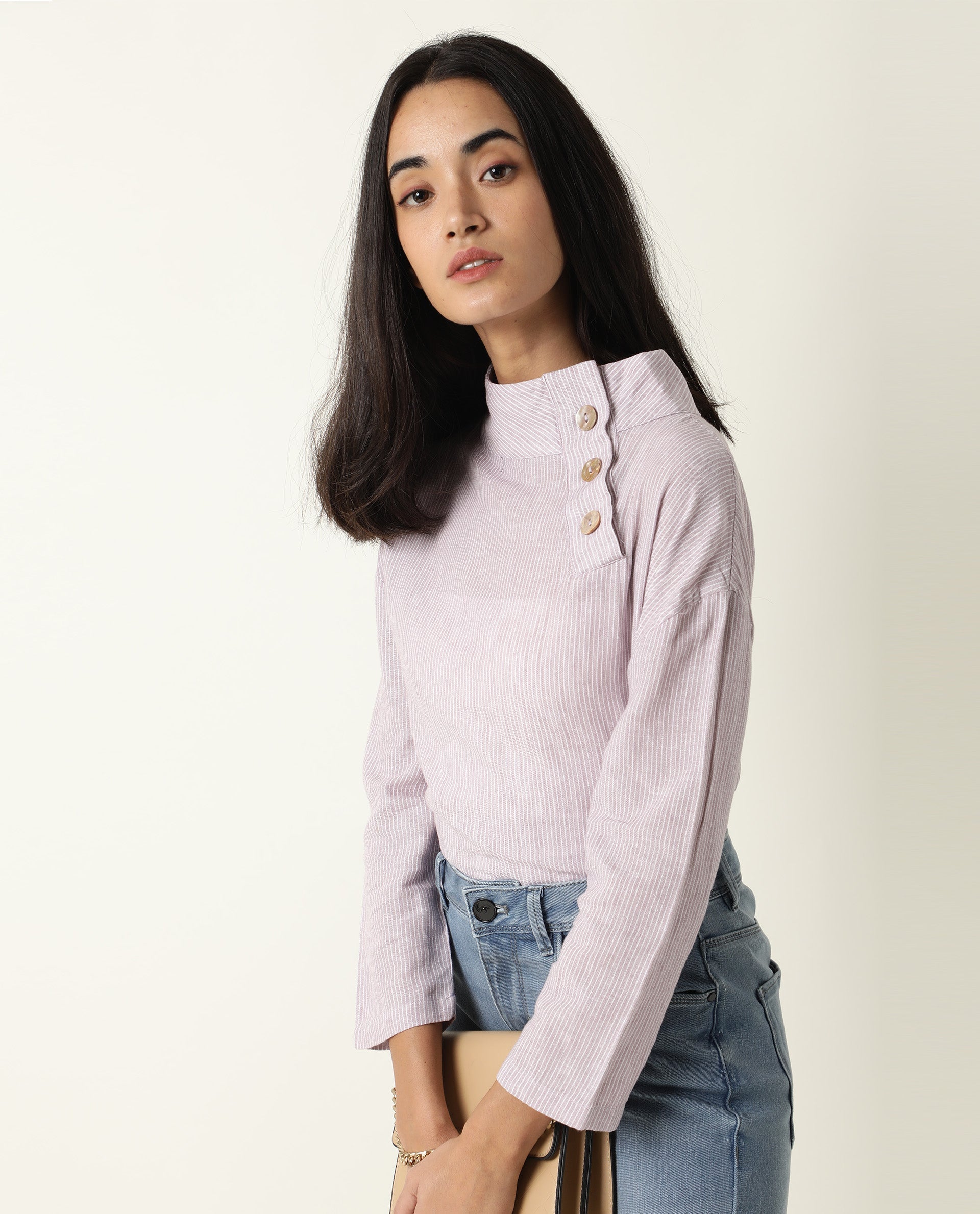 Rareism Women Mute Pastel Purple Cotton Linen Fabric Regular Fit High Neck Full Sleeves Solid Top