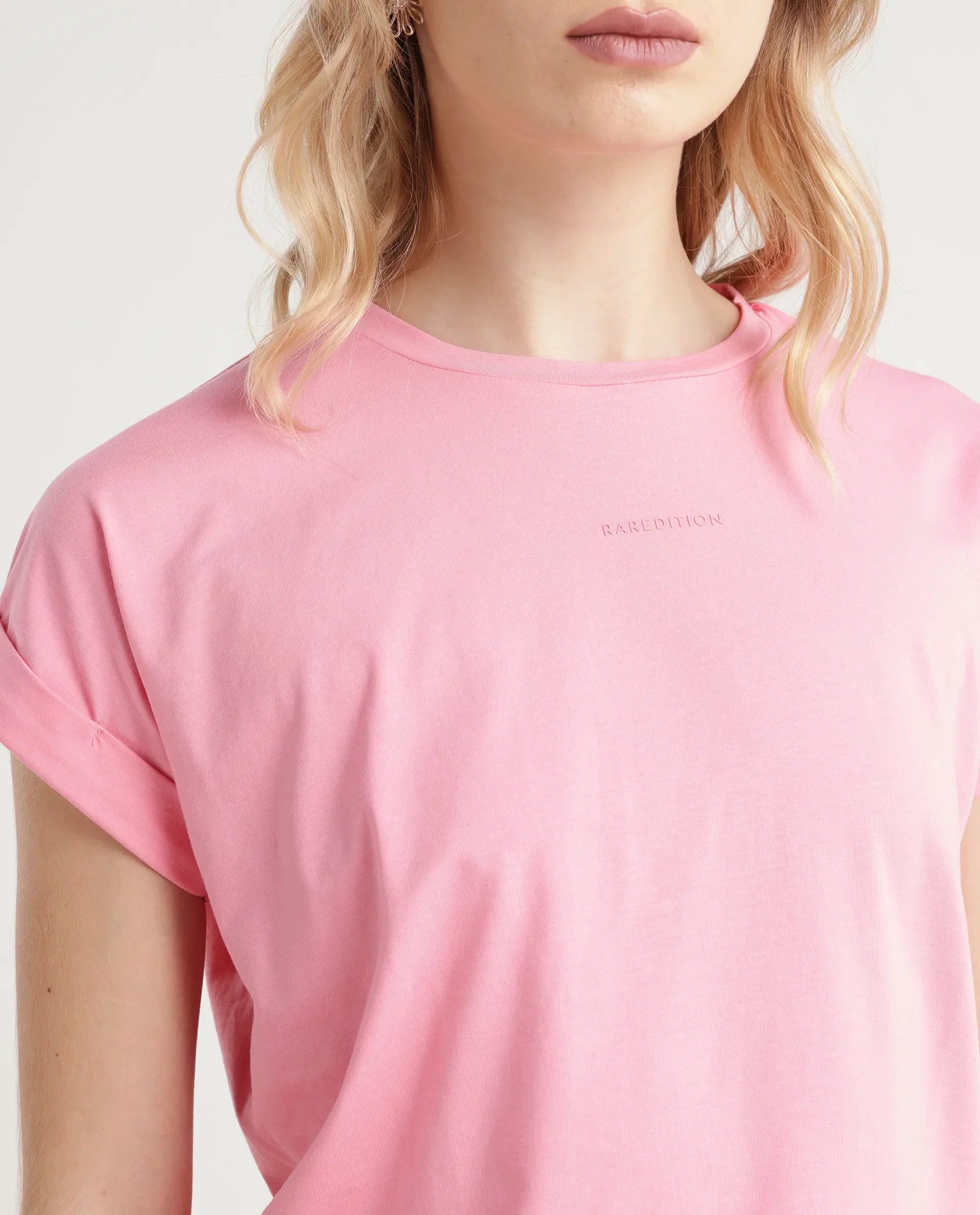 Rareism Women's Linden Light Pink Cotton Blend Crew Neck Typography Print Extended Sleeves Regular Fit T-Shirt