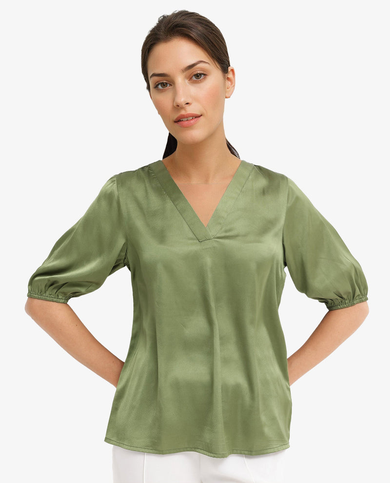 Rareism Women Linus Dark Green Polyester Fabric HALF Sleeve V-Neck Button Closure Solid Regular Fit Top