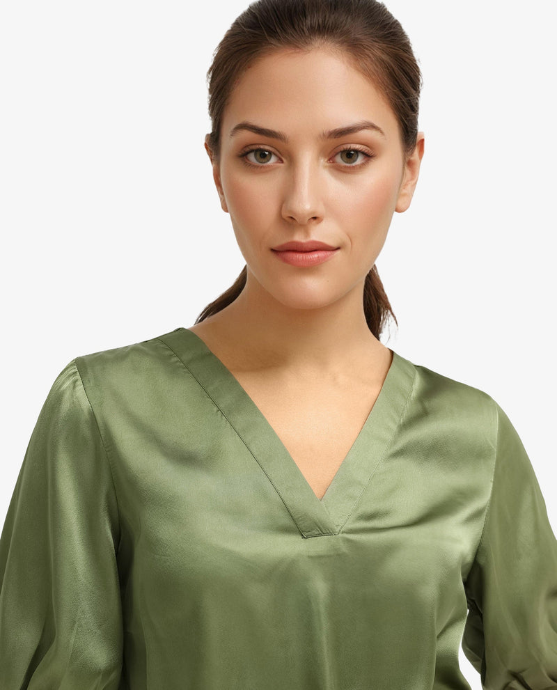 Rareism Women Linus Dark Green Polyester Fabric HALF Sleeve V-Neck Button Closure Solid Regular Fit Top