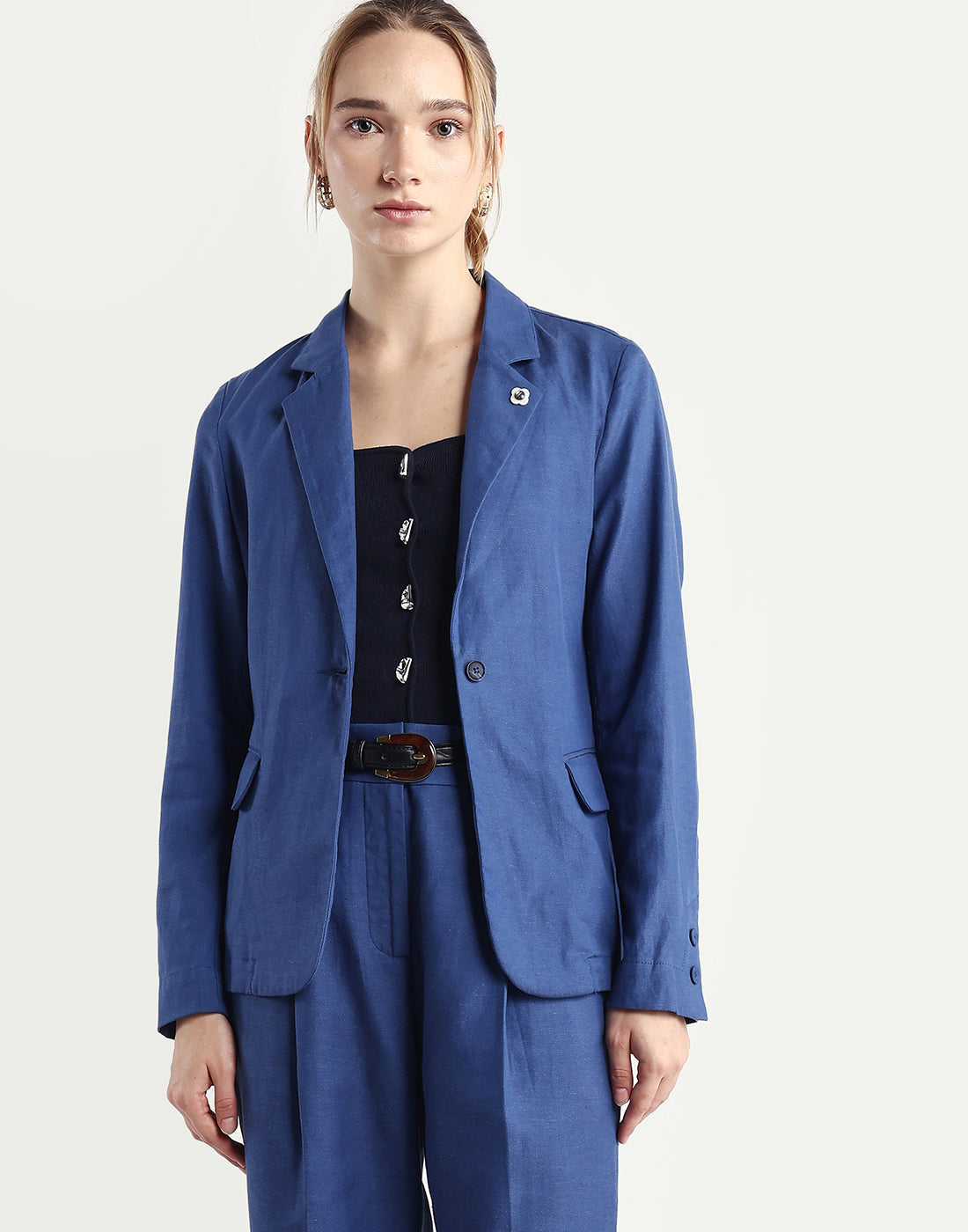 Rareism Women's Linzy-B Blue 100% Linen Straight Plain Trouser