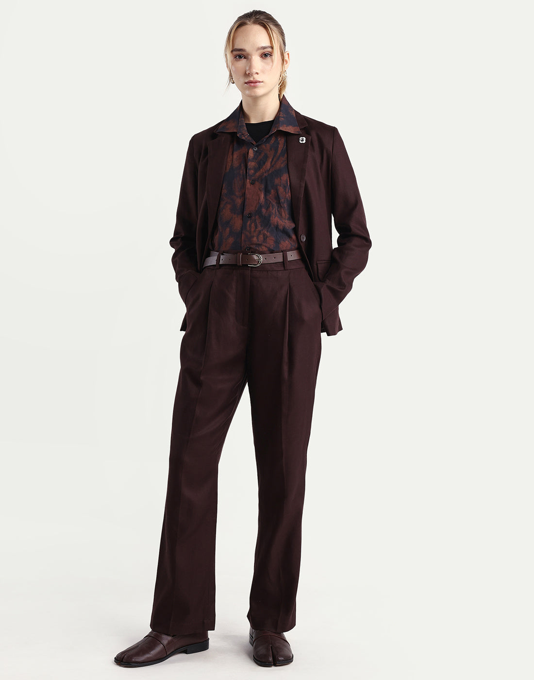 Rareism Women's Linzy-B Brown 100% Linen Straight Plain Trouser