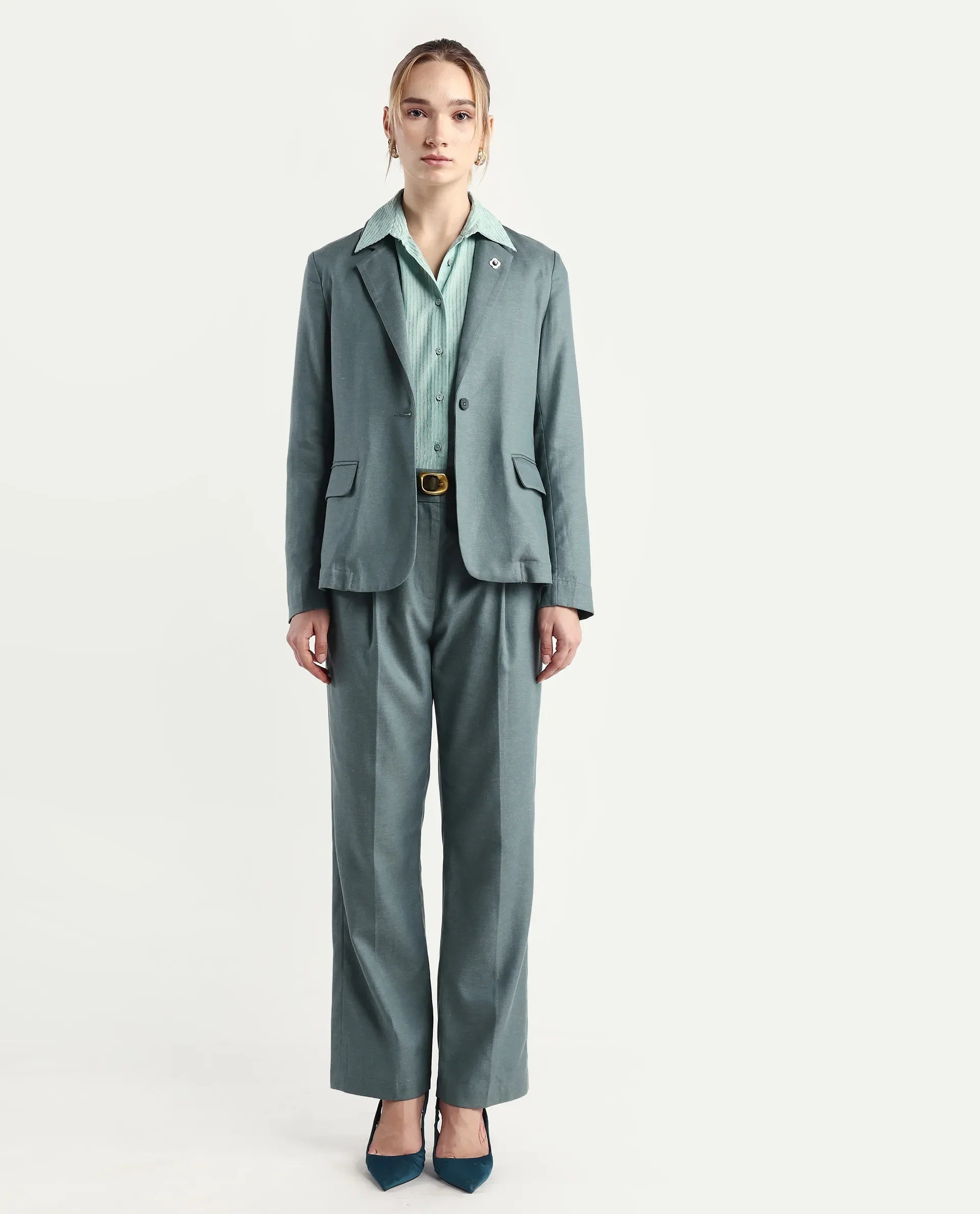 Rareism Women's Linzy-B Dusky Green 100% Linen Straight Plain Trouser