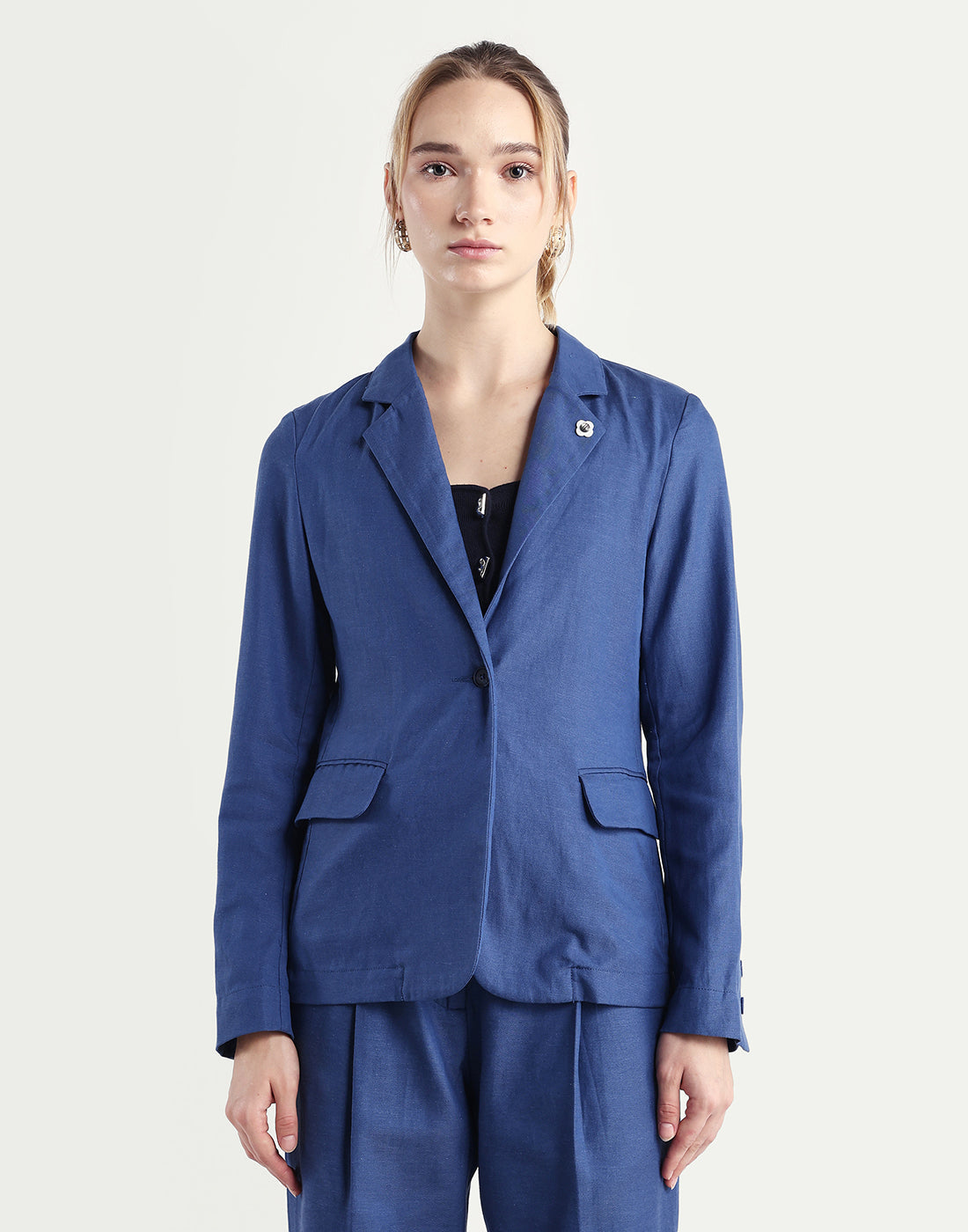 Rareism Women's Linzy-T Blue 100% Linen Full Sleeve Lapel Neck Regular Plain Blazer