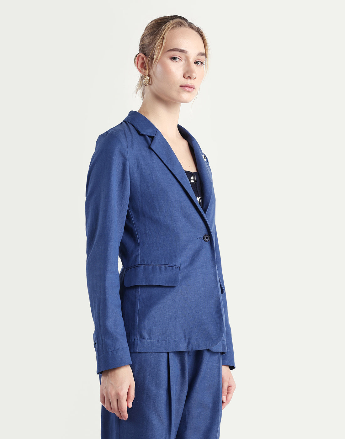 Rareism Women's Linzy-T Blue 100% Linen Full Sleeve Lapel Neck Regular Plain Blazer