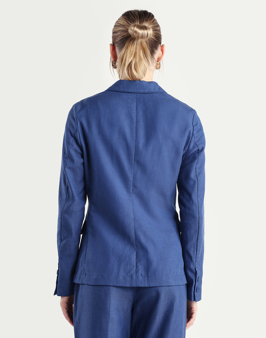 Rareism Women's Linzy-T Blue 100% Linen Full Sleeve Lapel Neck Regular Plain Blazer