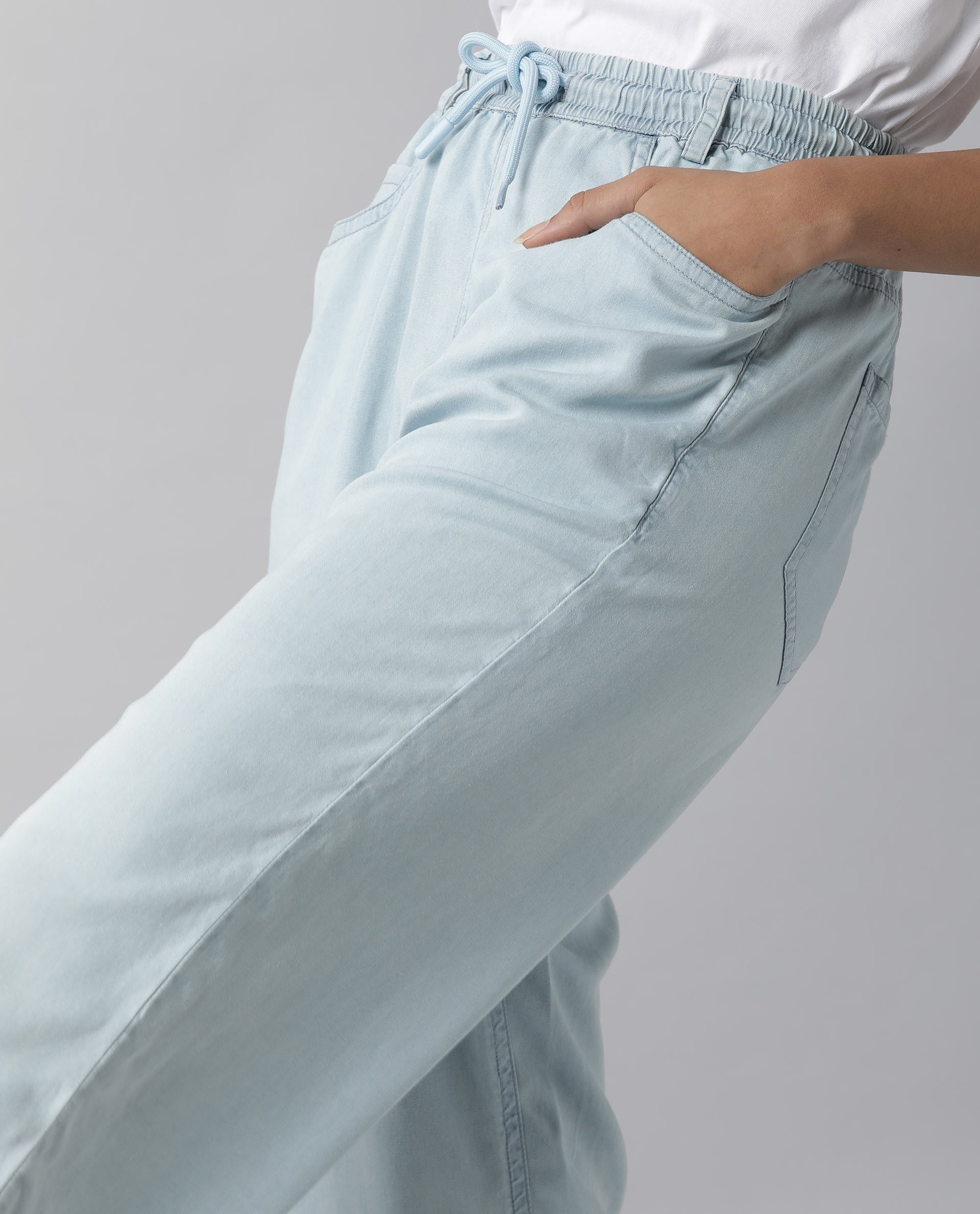 Rareism Women Lipo Light Blue Tencel Fabric Relaxed Fit High Rise Solid Ankle Length Trousers