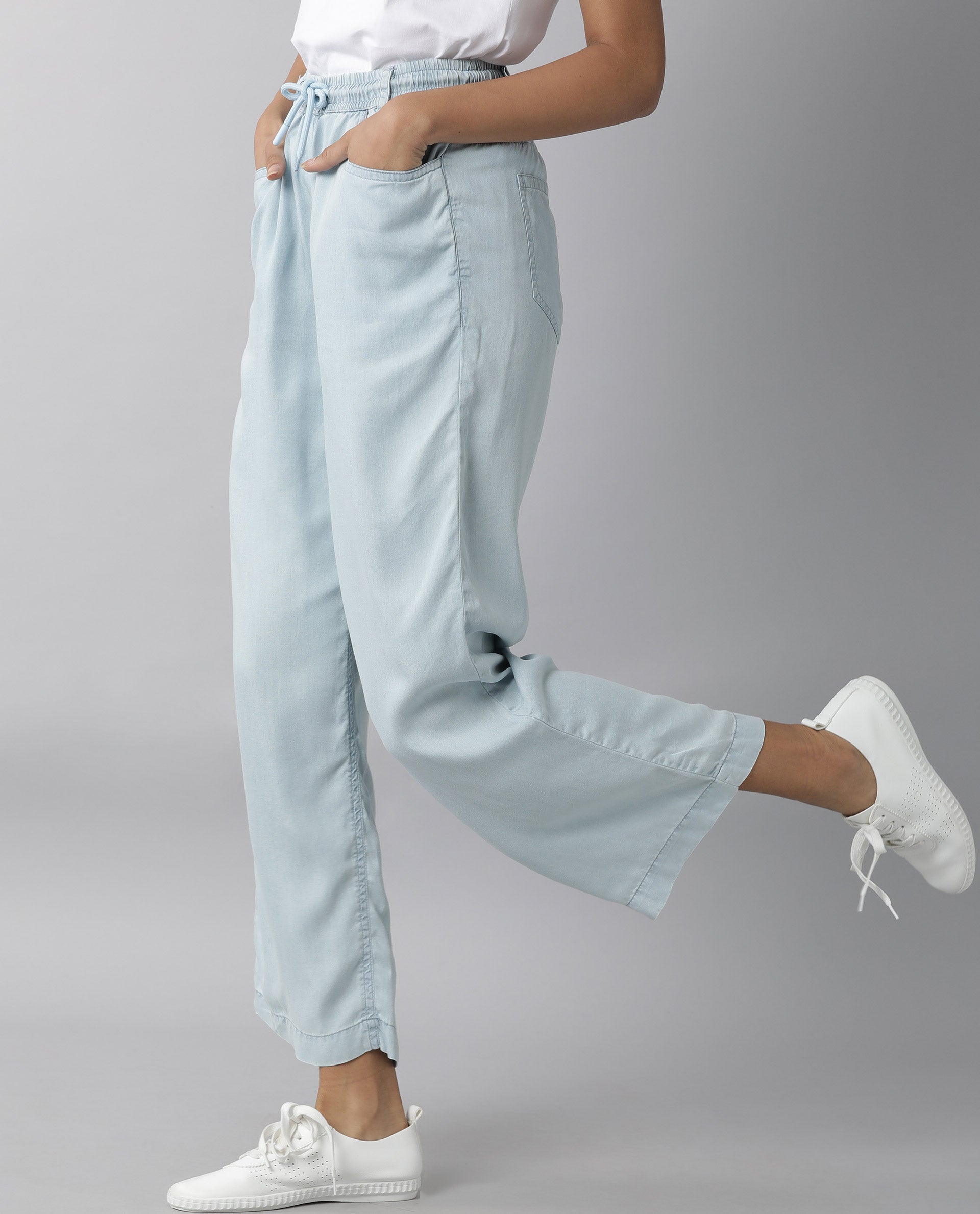 Rareism Women Lipo Light Blue Tencel Fabric Relaxed Fit High Rise Solid Ankle Length Trousers