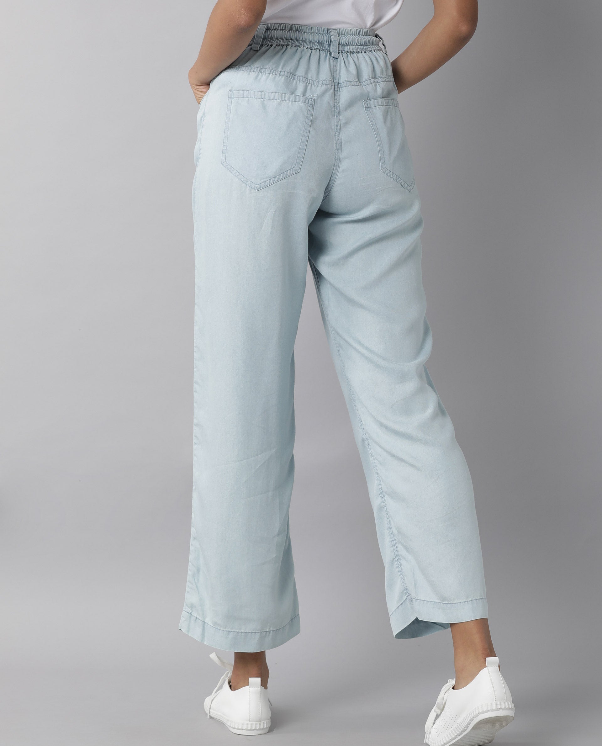 Rareism Women Lipo Light Blue Tencel Fabric Relaxed Fit High Rise Solid Ankle Length Trousers