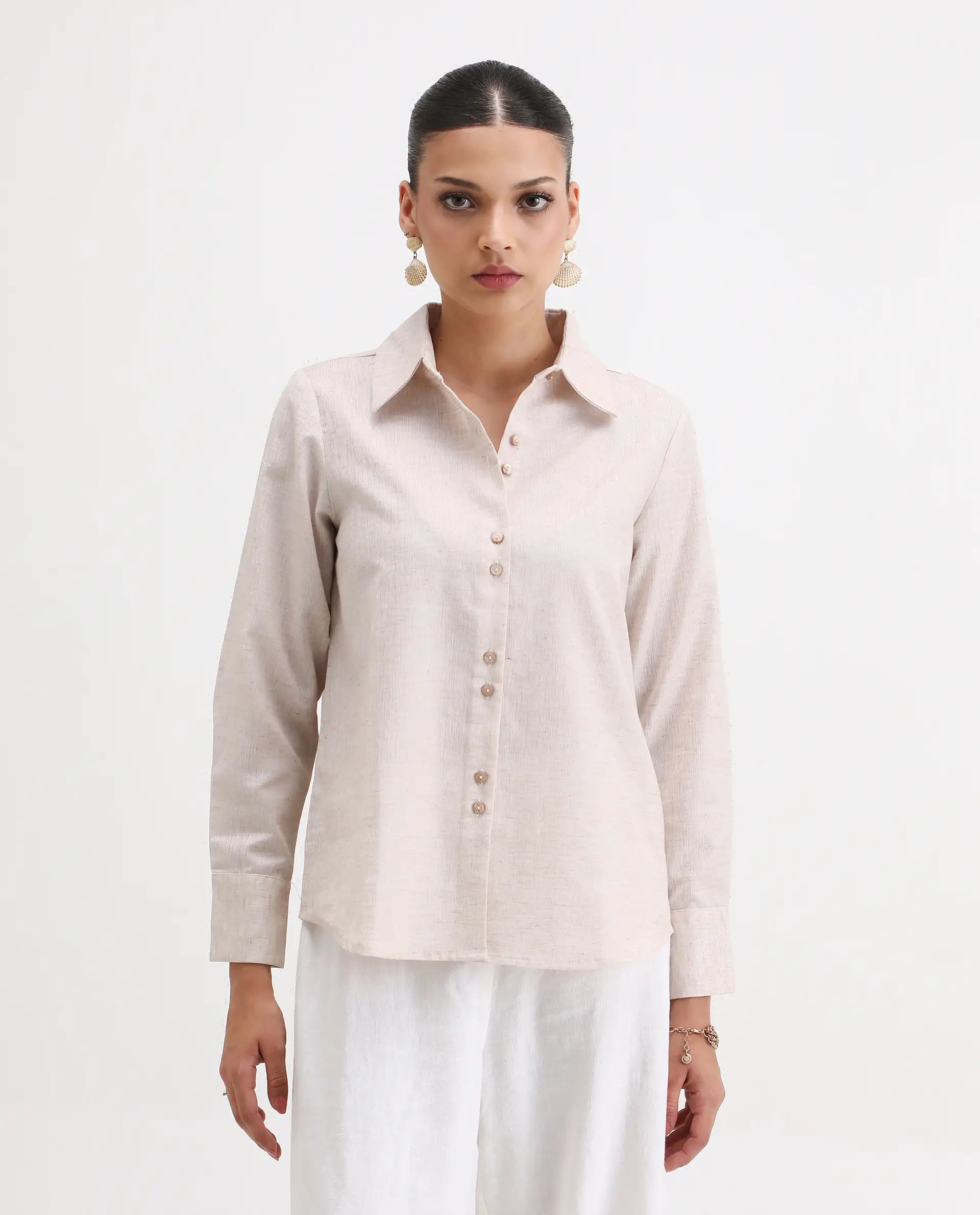 Rareism Women's Lippta Beige Polyester Spread Collar Plain Cuffed Sleeve Regular Fit Top