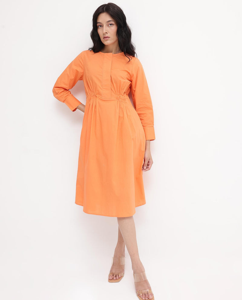 Rareism Women Lister Orange Cotton Fabric Regular Sleeves U Neck Solid Longline Dress