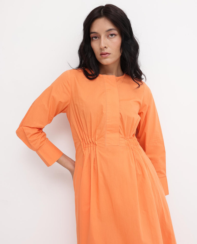 Rareism Women Lister Orange Cotton Fabric Regular Sleeves U Neck Solid Longline Dress