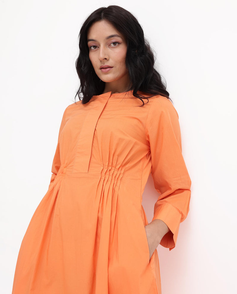 Rareism Women Lister Orange Cotton Fabric Regular Sleeves U Neck Solid Longline Dress