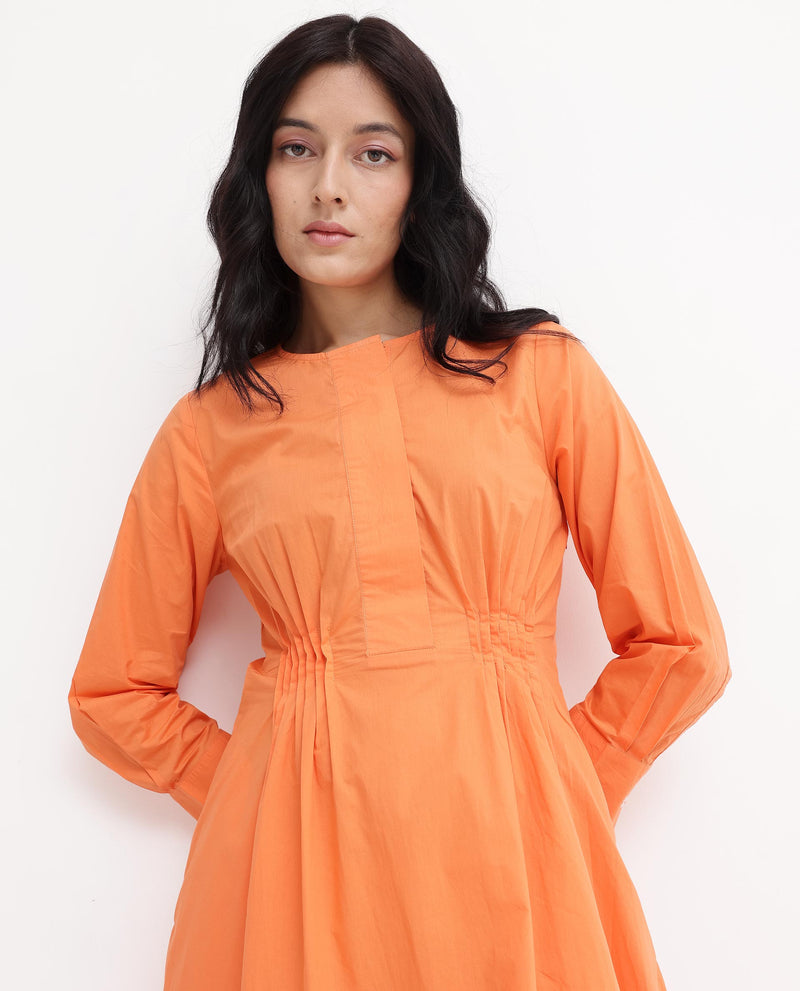 Rareism Women Lister Orange Cotton Fabric Regular Sleeves U Neck Solid Longline Dress