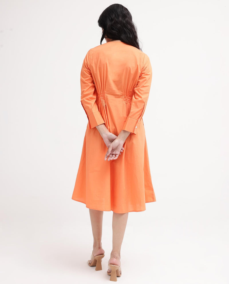 Rareism Women Lister Orange Cotton Fabric Regular Sleeves U Neck Solid Longline Dress